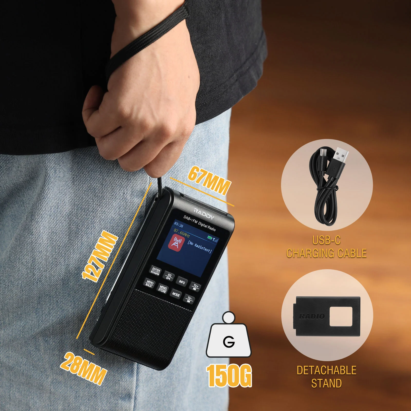 Raddy RD939 Portable DAB/DAB+ FM Radio | BT 5.3 | 5W Speaker | 2'' Large Screen | USB-C | 1200mAh battery |  Alarm Clock | TF/USB Playback | Headphone Jack - Image 7