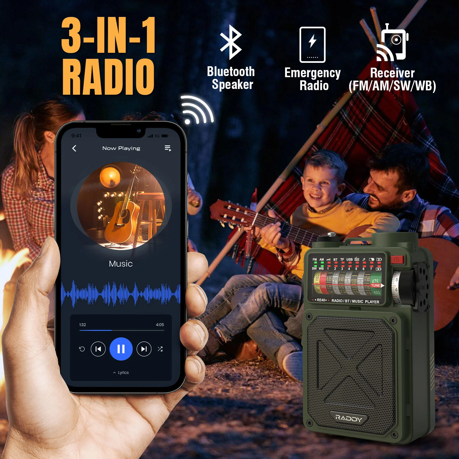 Raddy RE40 Shortwave Radio | FM/AM/SW/WB | 4000mAh | Bluetooth 5.0 | White Noise | Hand Crank Solar Type-C - Image 4