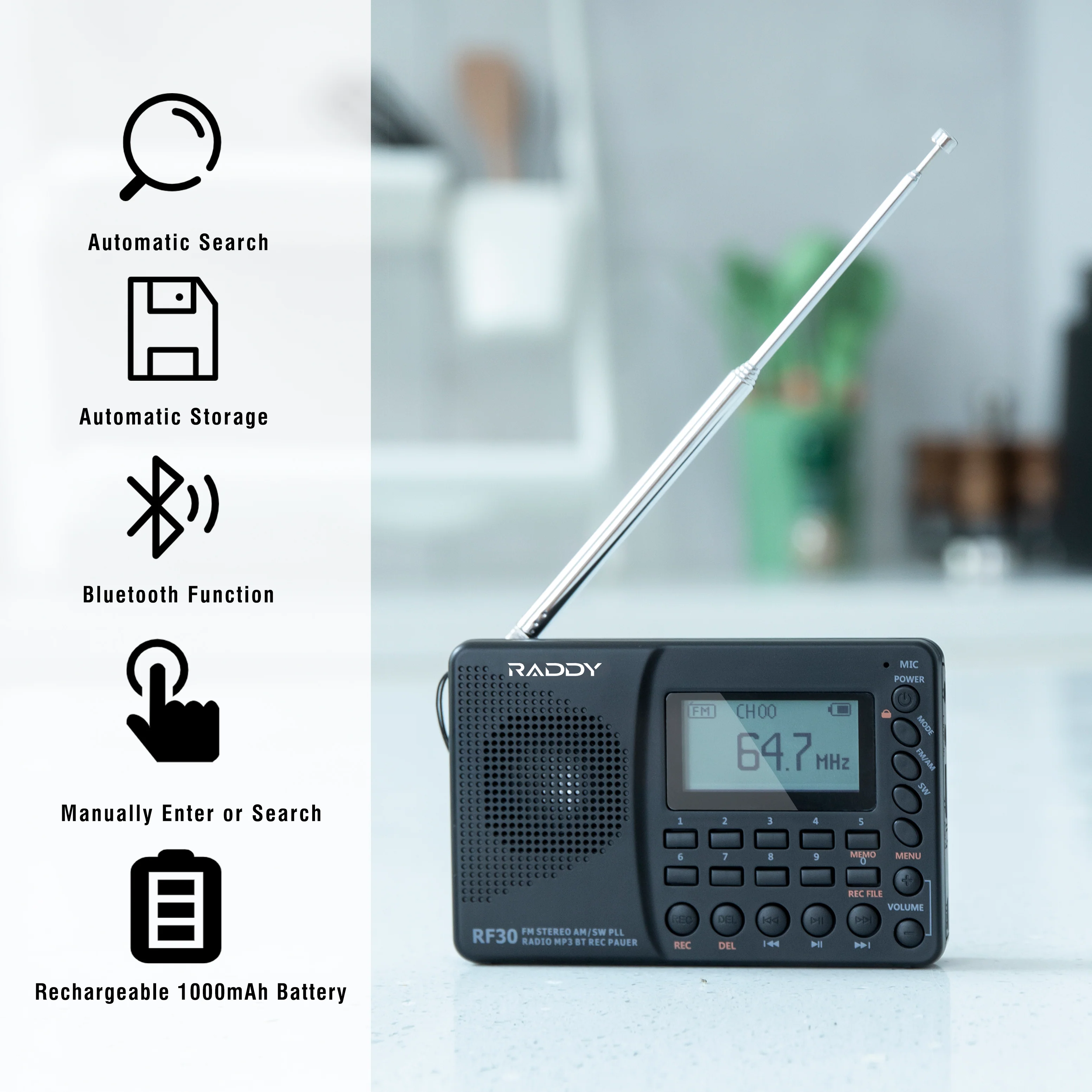 Raddy RF30 AM/FM/SW Radio | Digital Tuner | Bluetooth | AUX Recording [DISCONTINUED] - Image 6