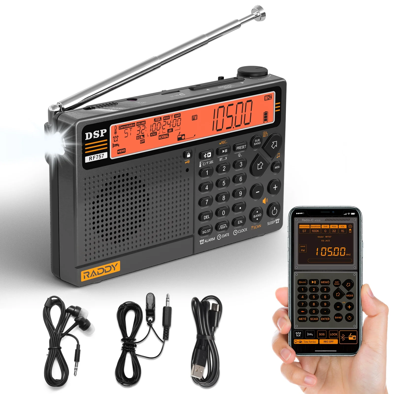 Raddy RF757 Shortwave Radio | APP Control | AM/FM/SW/VHF/UHF/CB/AIR/NOAA | 1000 Presets | Bluetooth 5.0 | 2500mAh Battery - Image 2