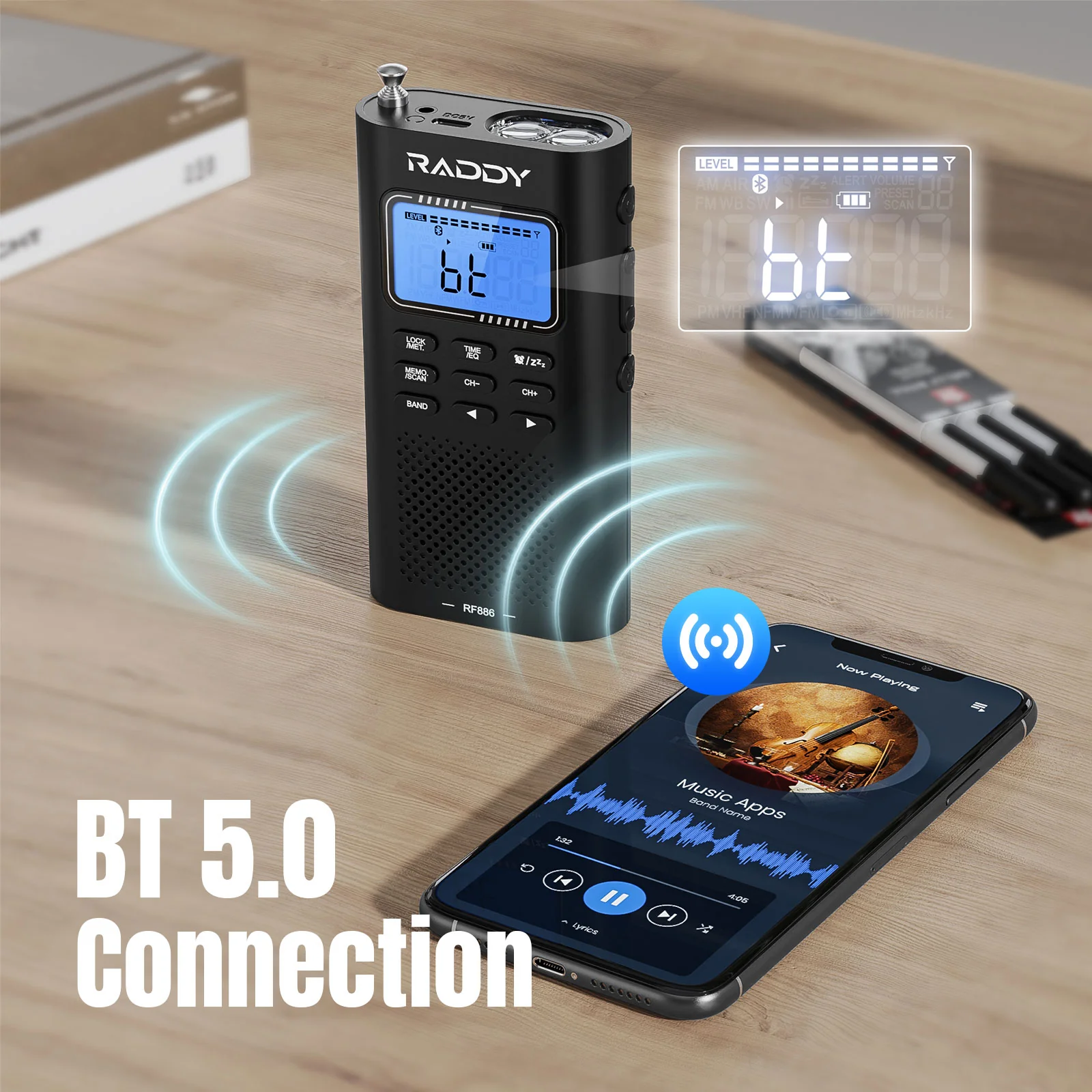 Raddy RF886 Shortwave Radio | AM/FM/SW/VHF/WB | Bluetooth Connection | Rechargeable Pocket Radio | NOAA - Image 5