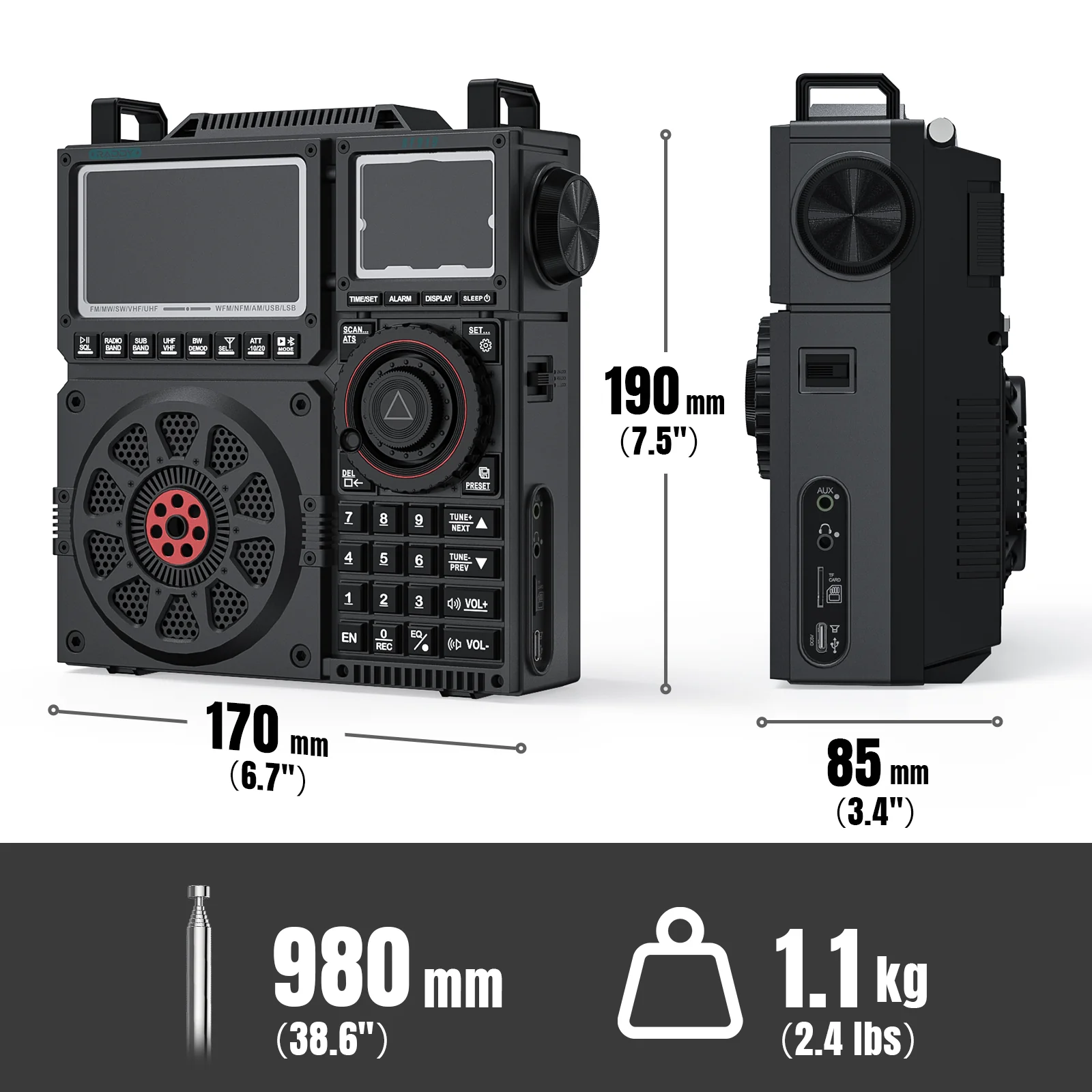 Raddy RF919 Shortwave Radio | Full Band Receiver with SSB | 20W Bluetooth 5.1 | APP Remote Control | Antenna Tuner | 5000mAh Battery | Dual Screens - Image 9