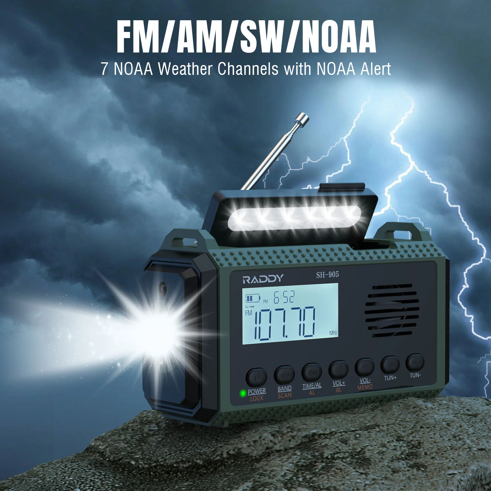 Raddy SH-905 Emergency Radio | 10000mAh | AM/FM/SW/NOAA | Solar Hand Crank | Reading Lamp - Image 3