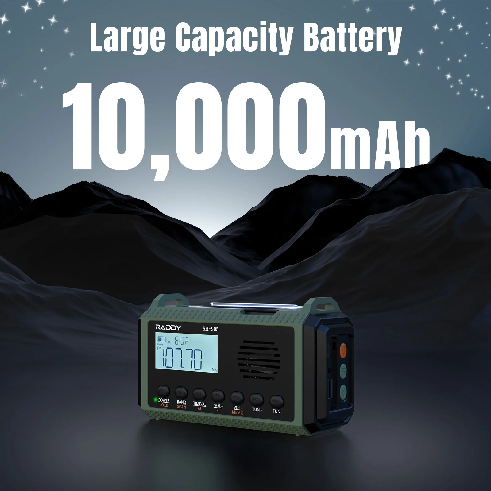 Raddy SH-905 Emergency Radio | 10000mAh | AM/FM/SW/NOAA | Solar Hand Crank | Reading Lamp - Image 4