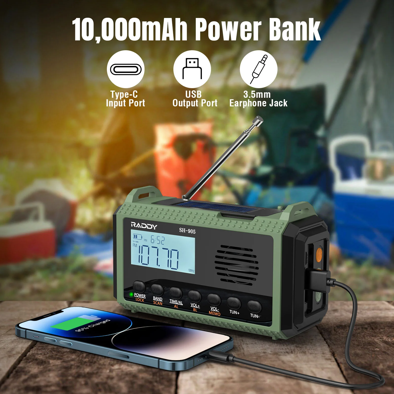 Raddy SH-905 Emergency Radio | 10000mAh | AM/FM/SW/NOAA | Solar Hand Crank | Reading Lamp - Image 6