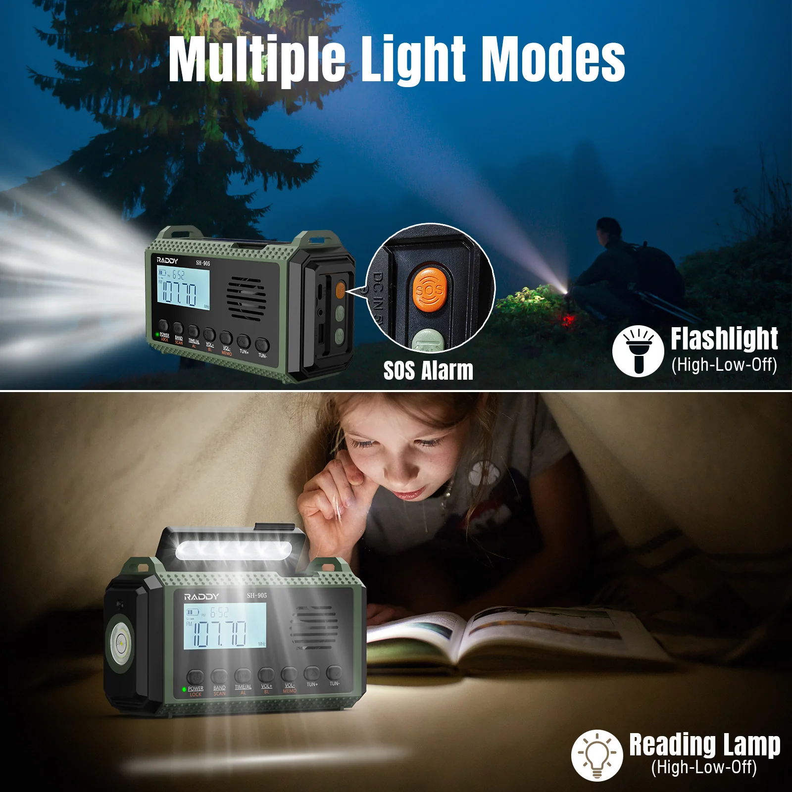 Raddy SH-905 Emergency Radio | 10000mAh | AM/FM/SW/NOAA | Solar Hand Crank | Reading Lamp - Image 7