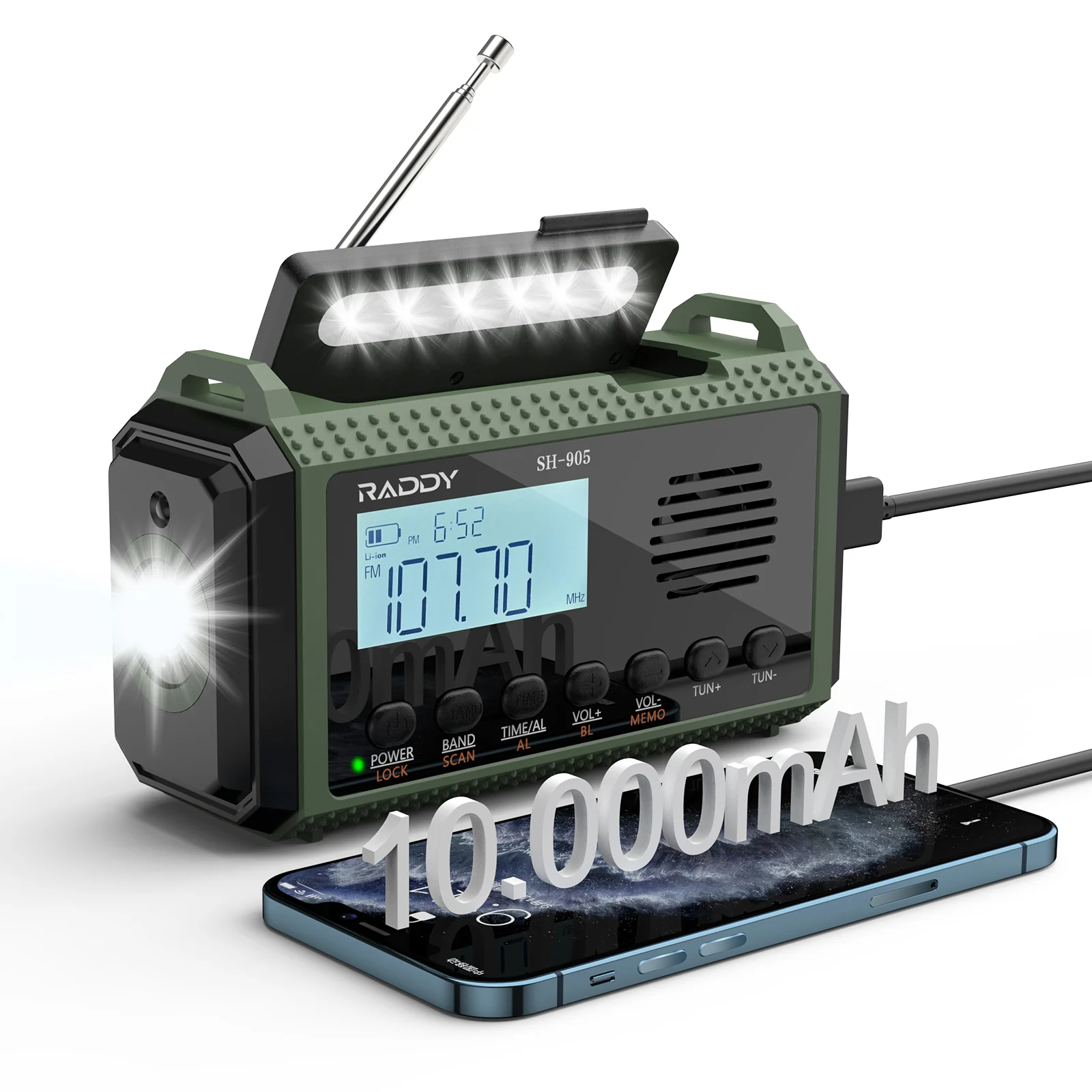 Raddy SH-905 Emergency Radio | 10000mAh | AM/FM/SW/NOAA | Solar Hand Crank | Reading Lamp - Image 8