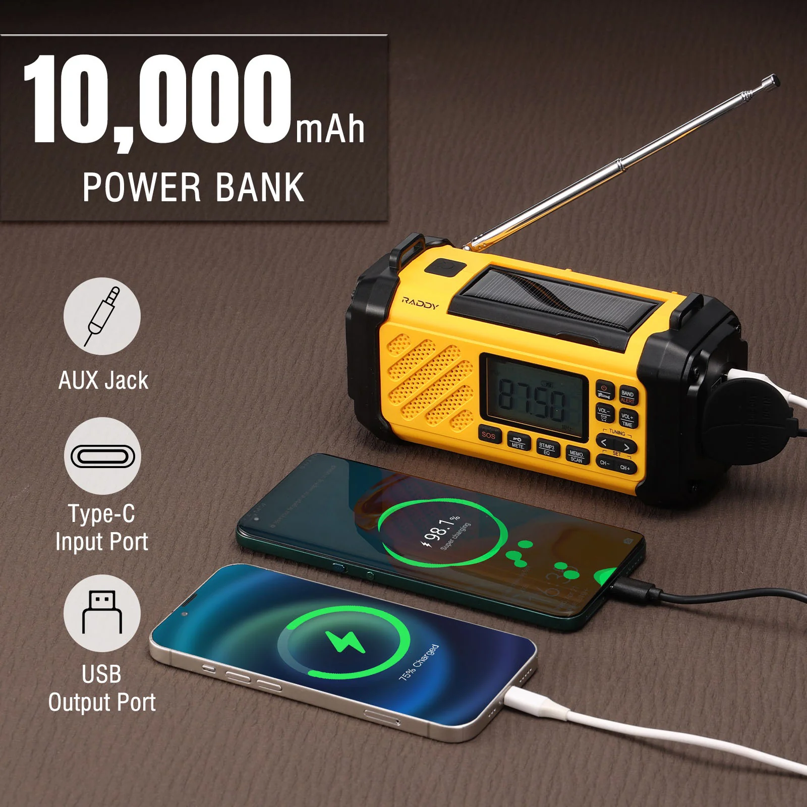 Raddy SH-906 Emergency Radio | AM/FM/SW/VHF/NOAA Weather Alert | 10000mAh Battery| Flashlight Reading Lamp | SOS | Compass - Image 6
