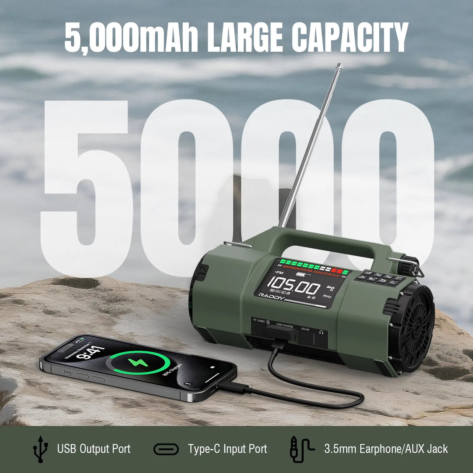 Raddy SH-907 Emergency Radio | AM/FM/SW/VHF | APP Control | Hand Crank Solar | 5000mAh Replaceable Battery | Flashlight | SOS | - Image 5