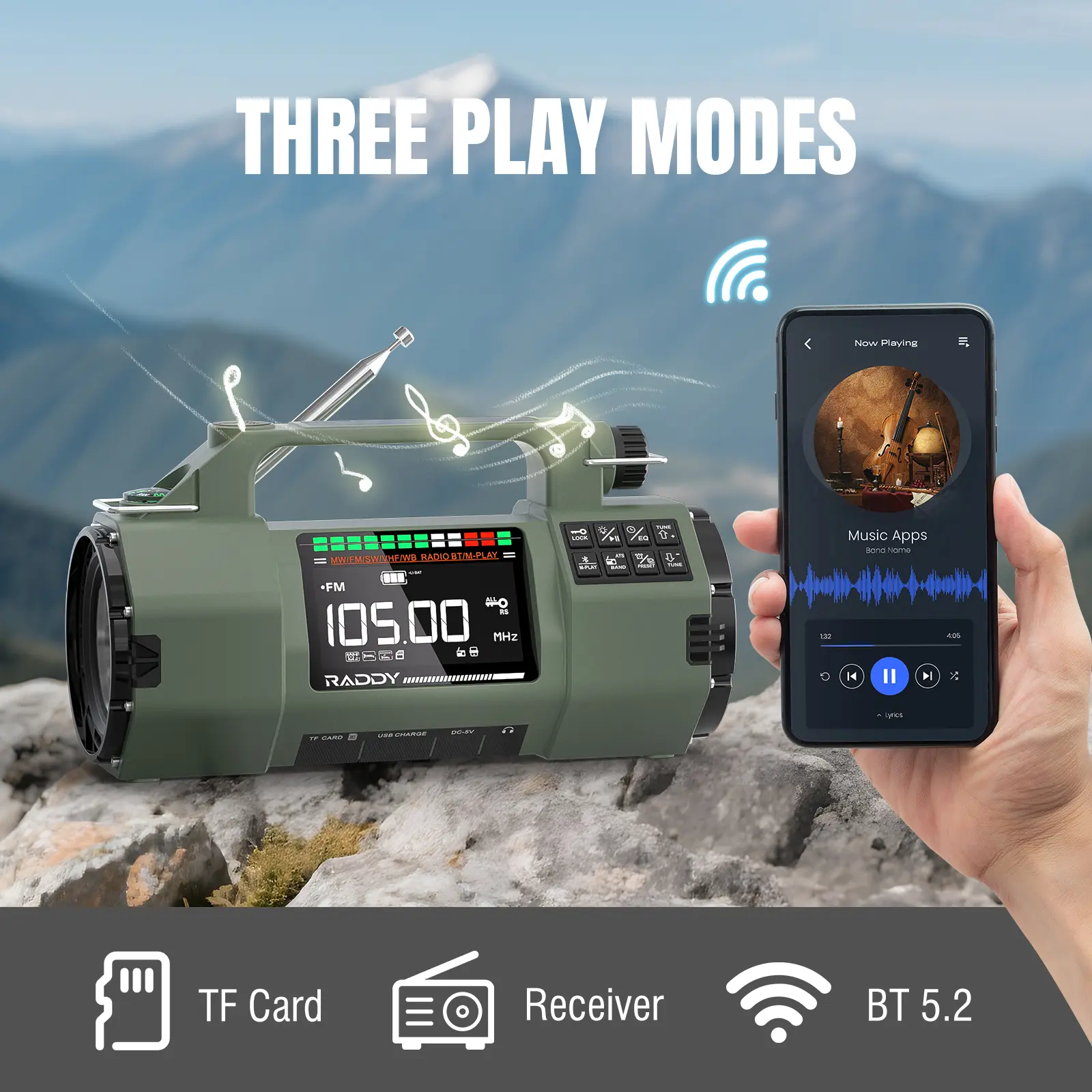 Raddy SH-907 Emergency Radio | AM/FM/SW/VHF | APP Control | Hand Crank Solar | 5000mAh Replaceable Battery | Flashlight | SOS | - Image 6