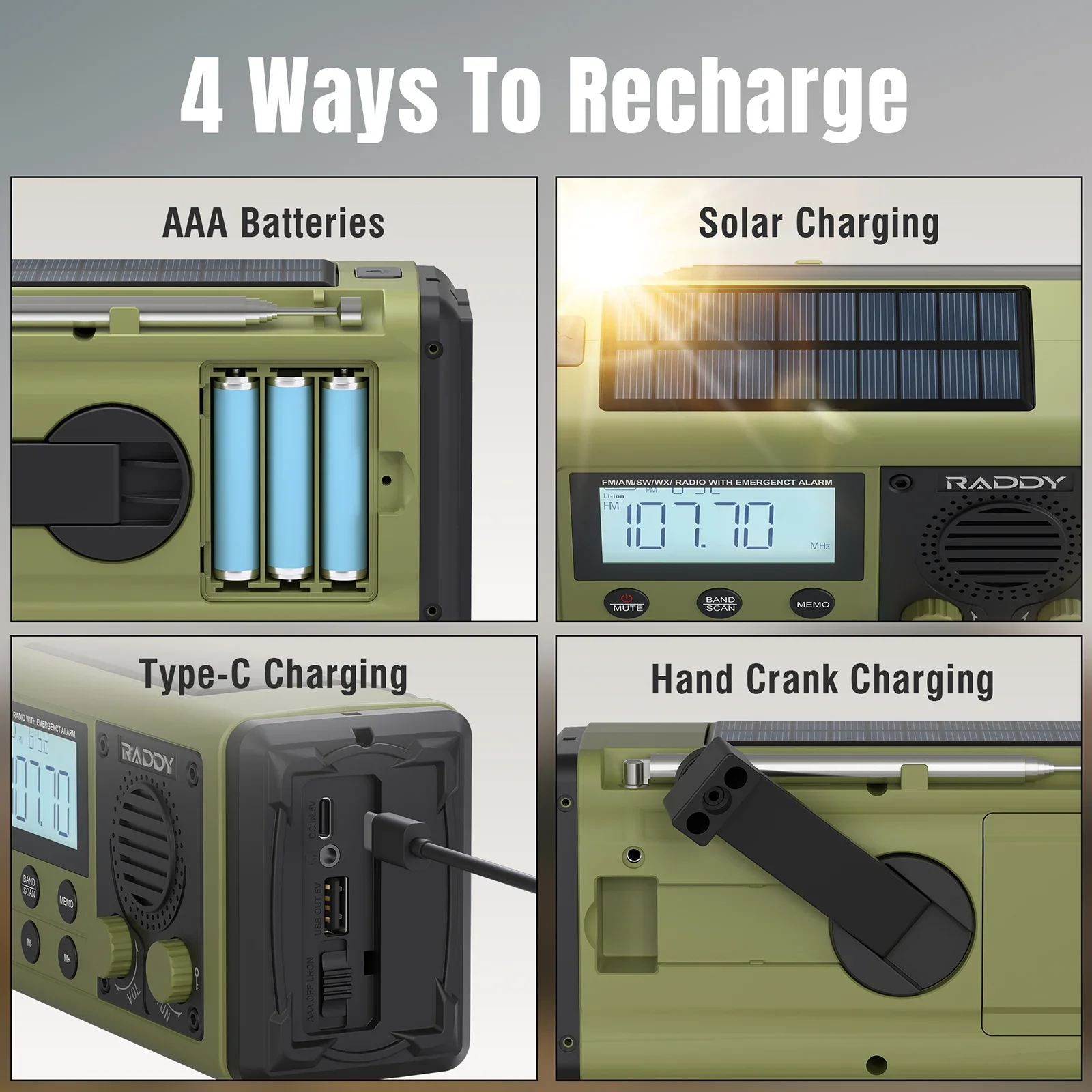 Raddy SH-908 Emergency Radio | IPX6 | AM/FM/SW | 10 000mAh Battery | Solar & USB Charging | Flashlight Reading Lamp | SOS | Compass - Image 2