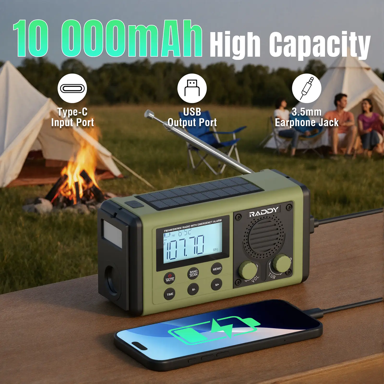 Raddy SH-908 Emergency Radio | IPX6 | AM/FM/SW | 10 000mAh Battery | Solar & USB Charging | Flashlight Reading Lamp | SOS | Compass - Image 3
