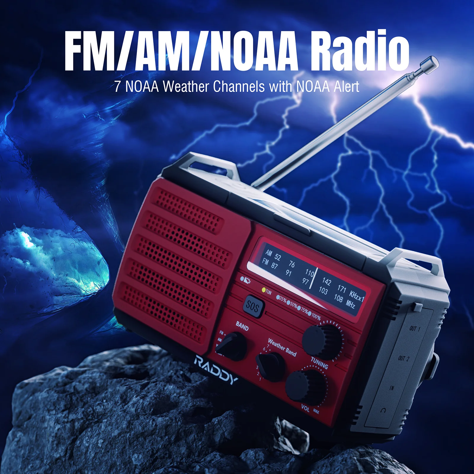 Raddy SW10 Emergency Radio | 10000mAh | AM FM NOAA | Flashlight SOS Alarm Compass Weather Radio - Image 7