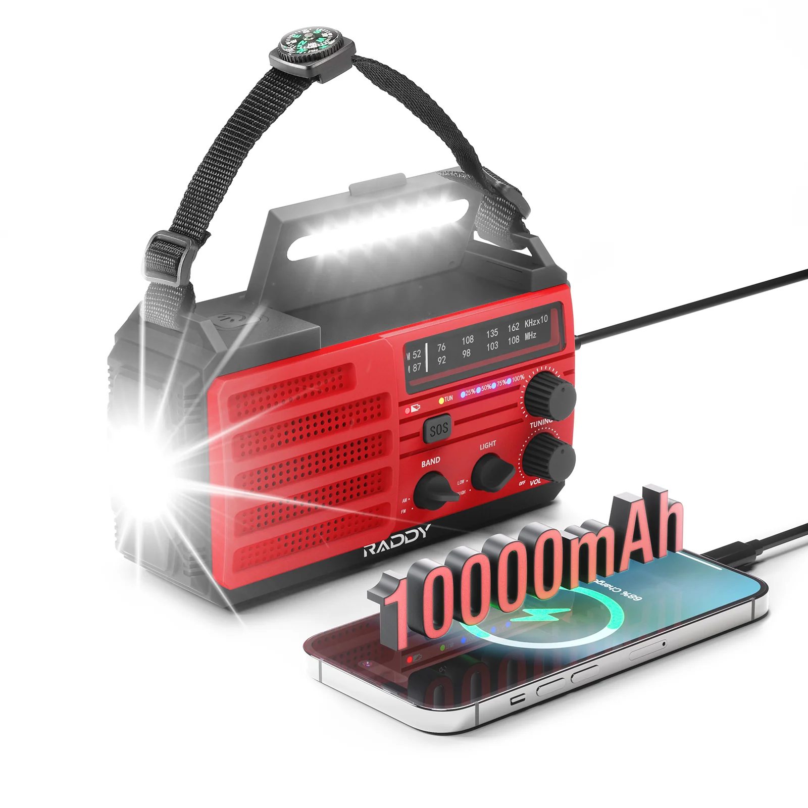 Raddy SW10 Emergency Radio | 10000mAh | AM FM NOAA | Flashlight SOS Alarm Compass Weather Radio - Image 9