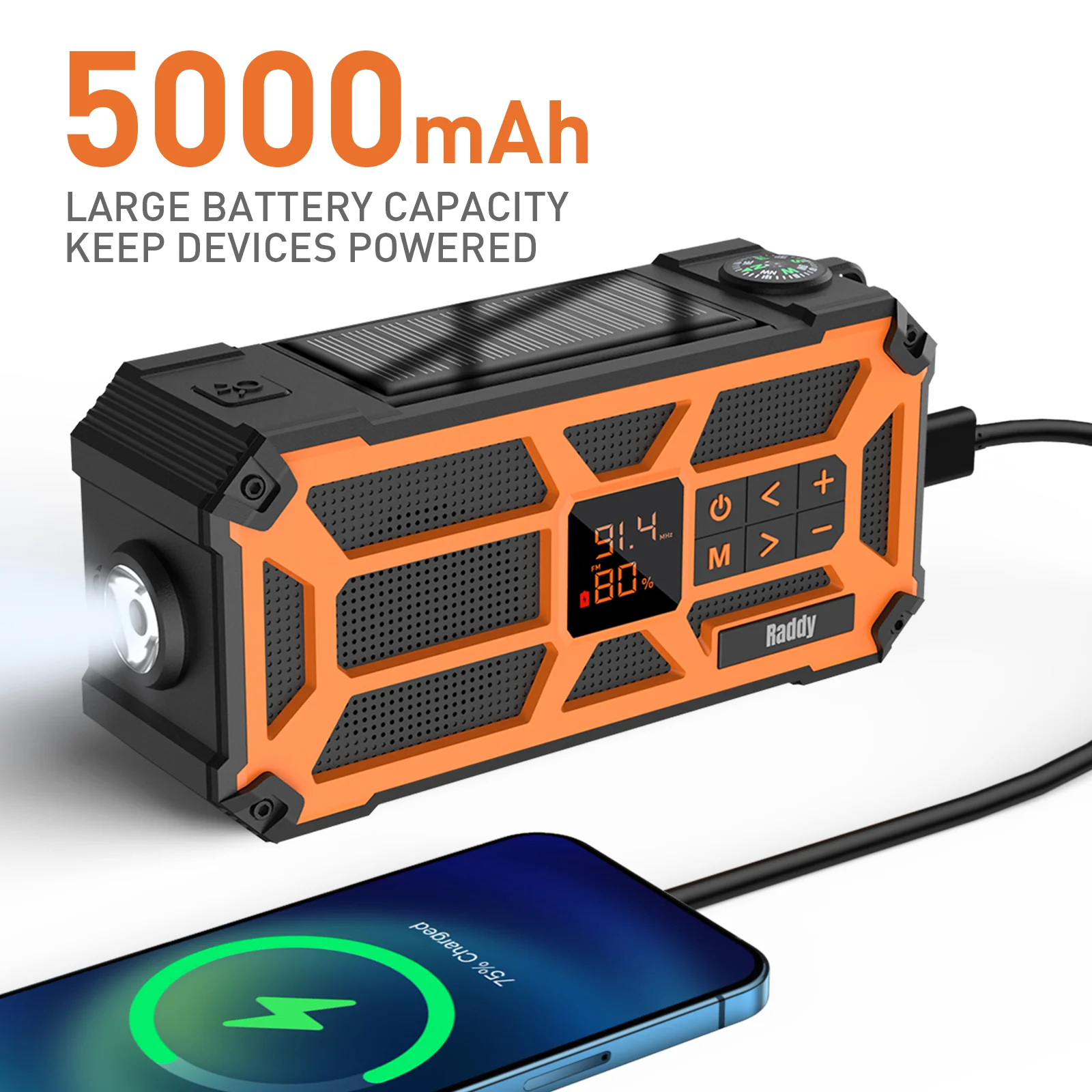 Raddy SW5 Emergency Radio | IPX5 Waterproof | 5000mAh | Hand Crank Solar | Power Bank | NOAA - Image 5