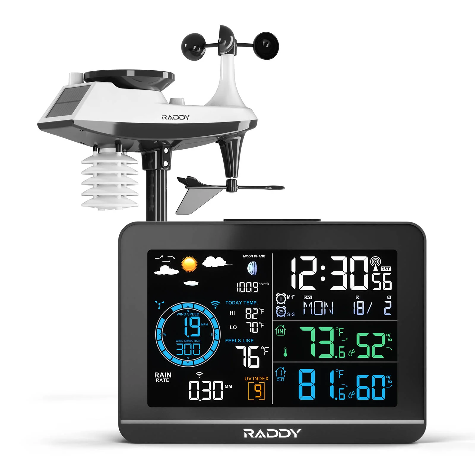 Raddy UV6 Professional Weather Station | 6" VA Display | Atomic Clock | UV & Light Index | 7-in-1 Outdoor Sensor | Up to 5 Areas Monitoring