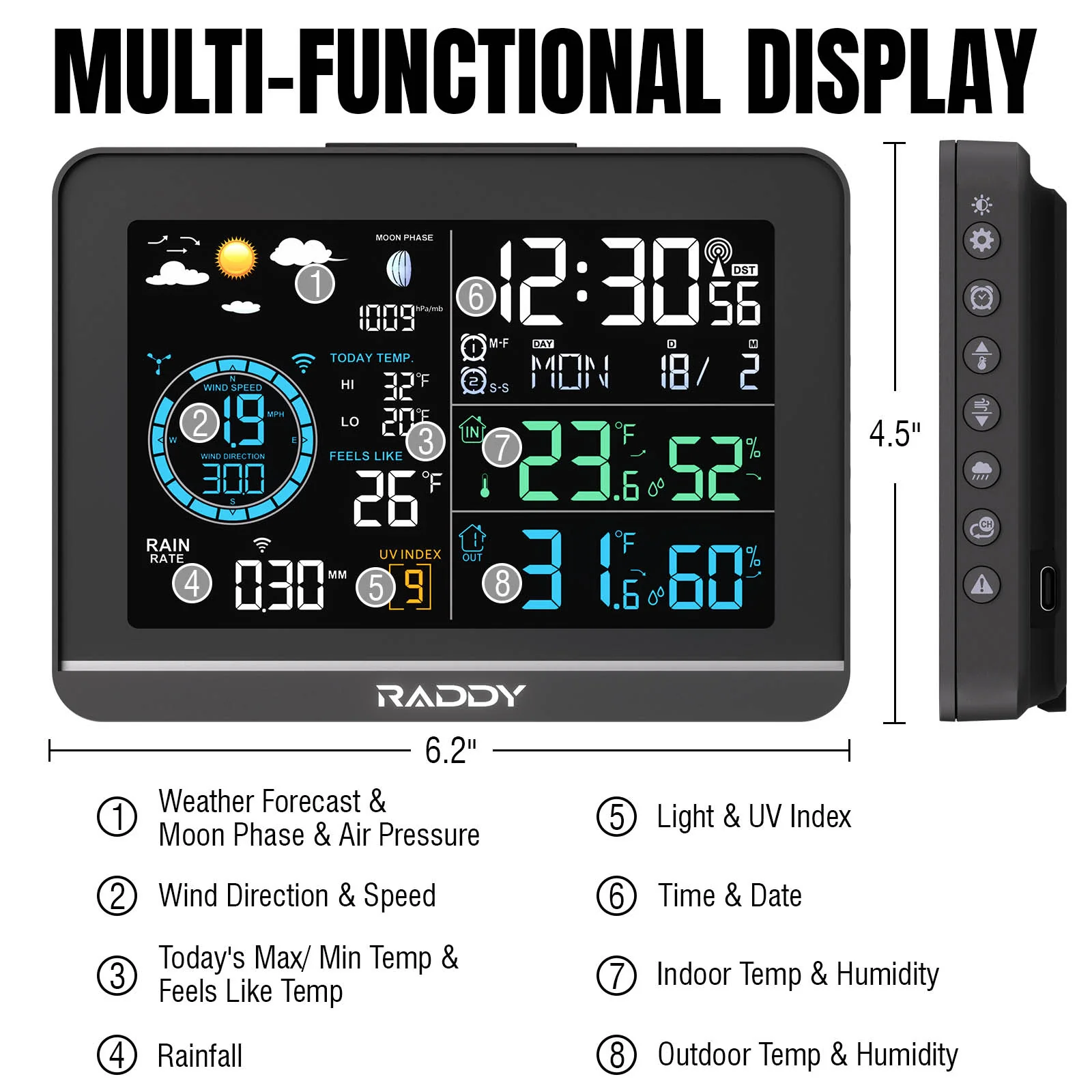 Raddy UV6 Professional Weather Station | 6" VA Display | Atomic Clock | UV & Light Index | 7-in-1 Outdoor Sensor | Up to 5 Areas Monitoring - Image 2