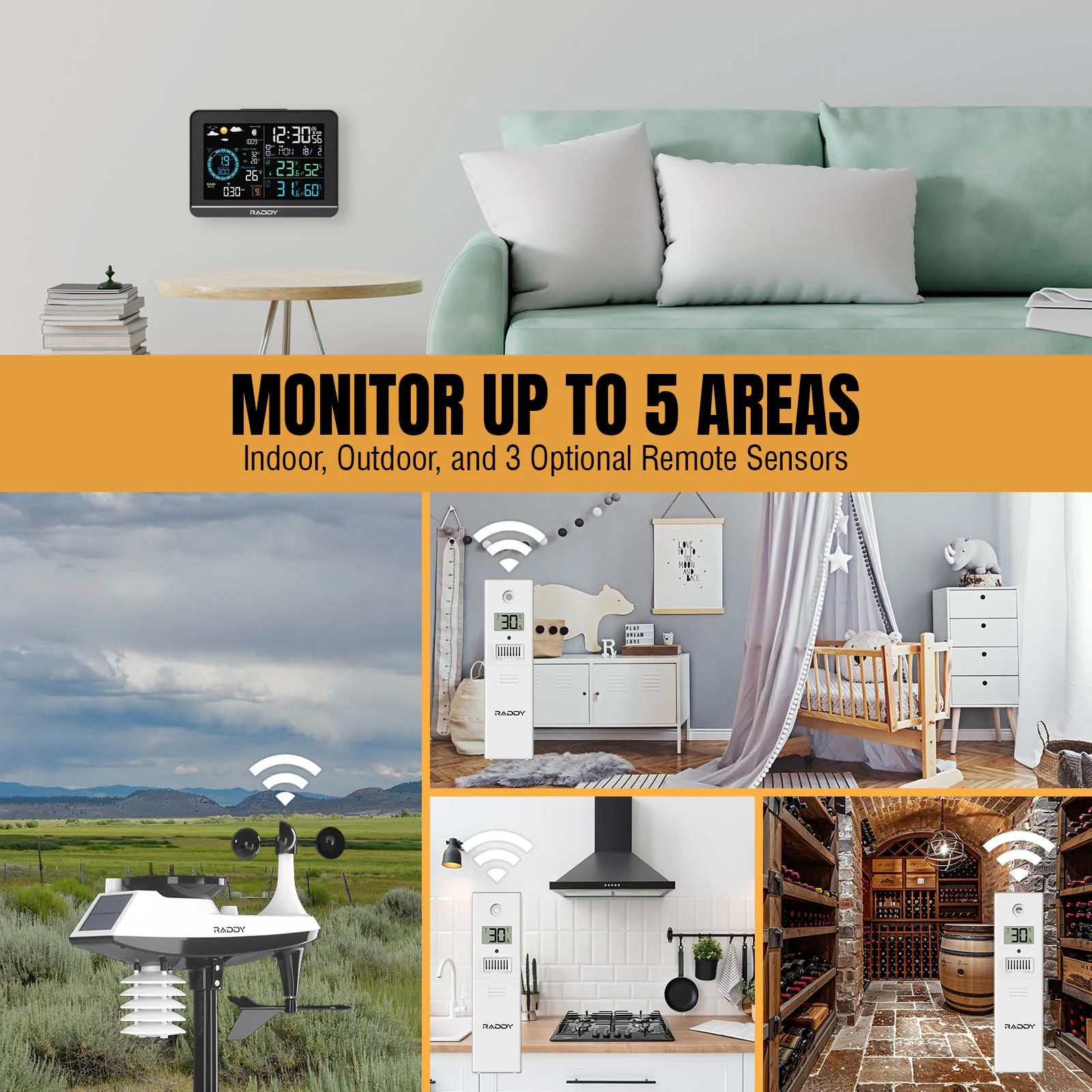 Raddy UV6 Professional Weather Station | 6" VA Display | Atomic Clock | UV & Light Index | 7-in-1 Outdoor Sensor | Up to 5 Areas Monitoring - Image 3
