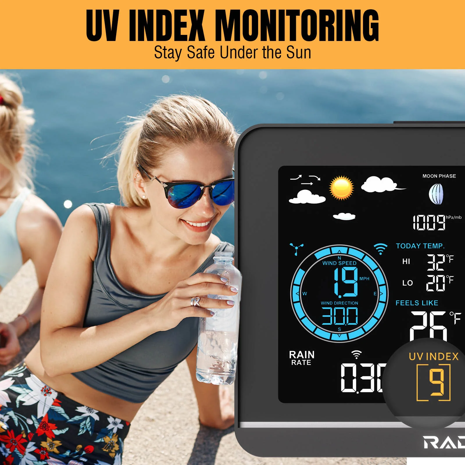 Raddy UV6 Professional Weather Station | 6" VA Display | Atomic Clock | UV & Light Index | 7-in-1 Outdoor Sensor | Up to 5 Areas Monitoring - Image 4