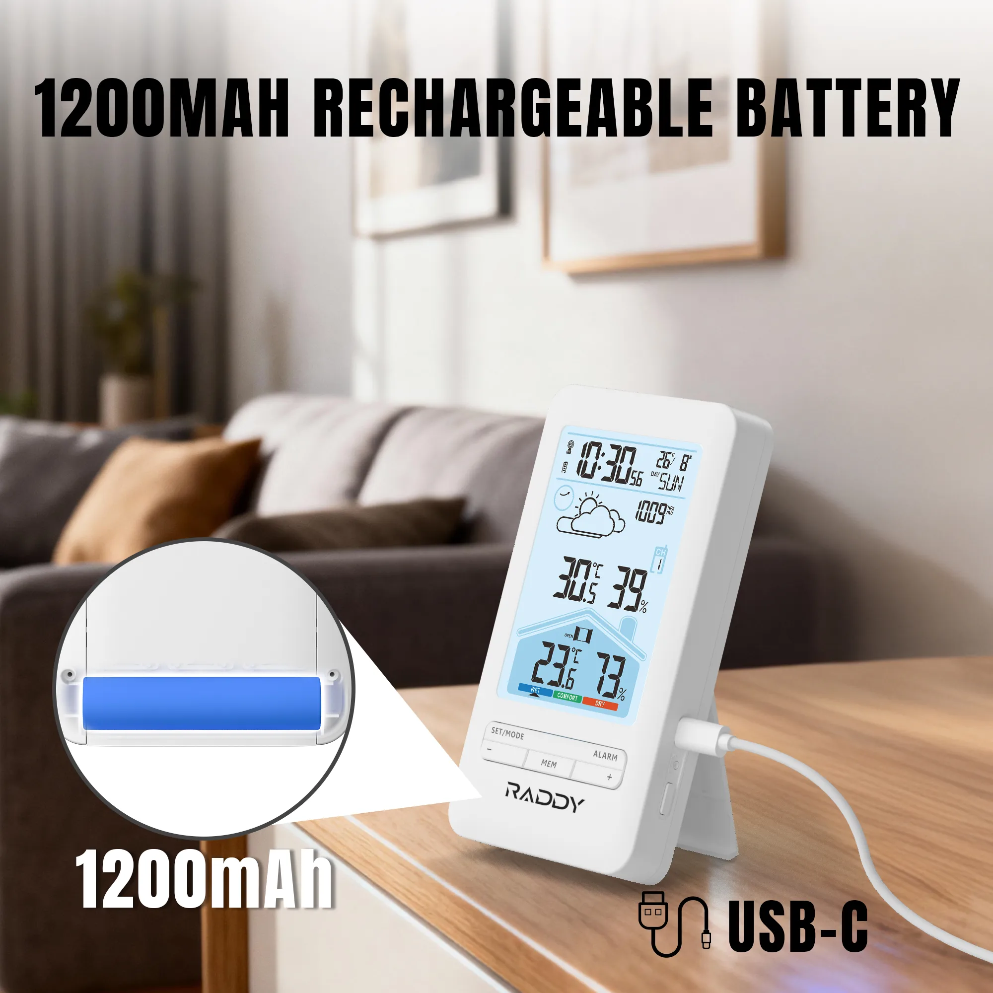 Raddy V4 Wireless Weather Station | Temperature & Humidity | Atomic Clock | Weather Forecast | Dual Alarm | USB-C Rechargeable | 5-Level Backlight - Image 10