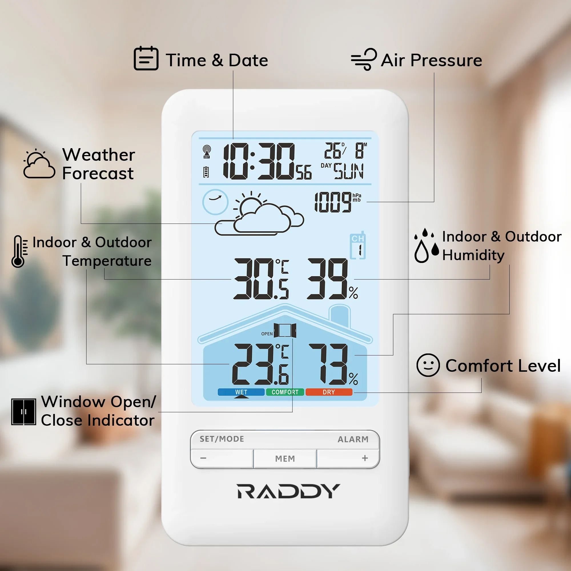 Raddy V4 Wireless Weather Station | Temperature & Humidity | Atomic Clock | Weather Forecast | Dual Alarm | USB-C Rechargeable | 5-Level Backlight - Image 2