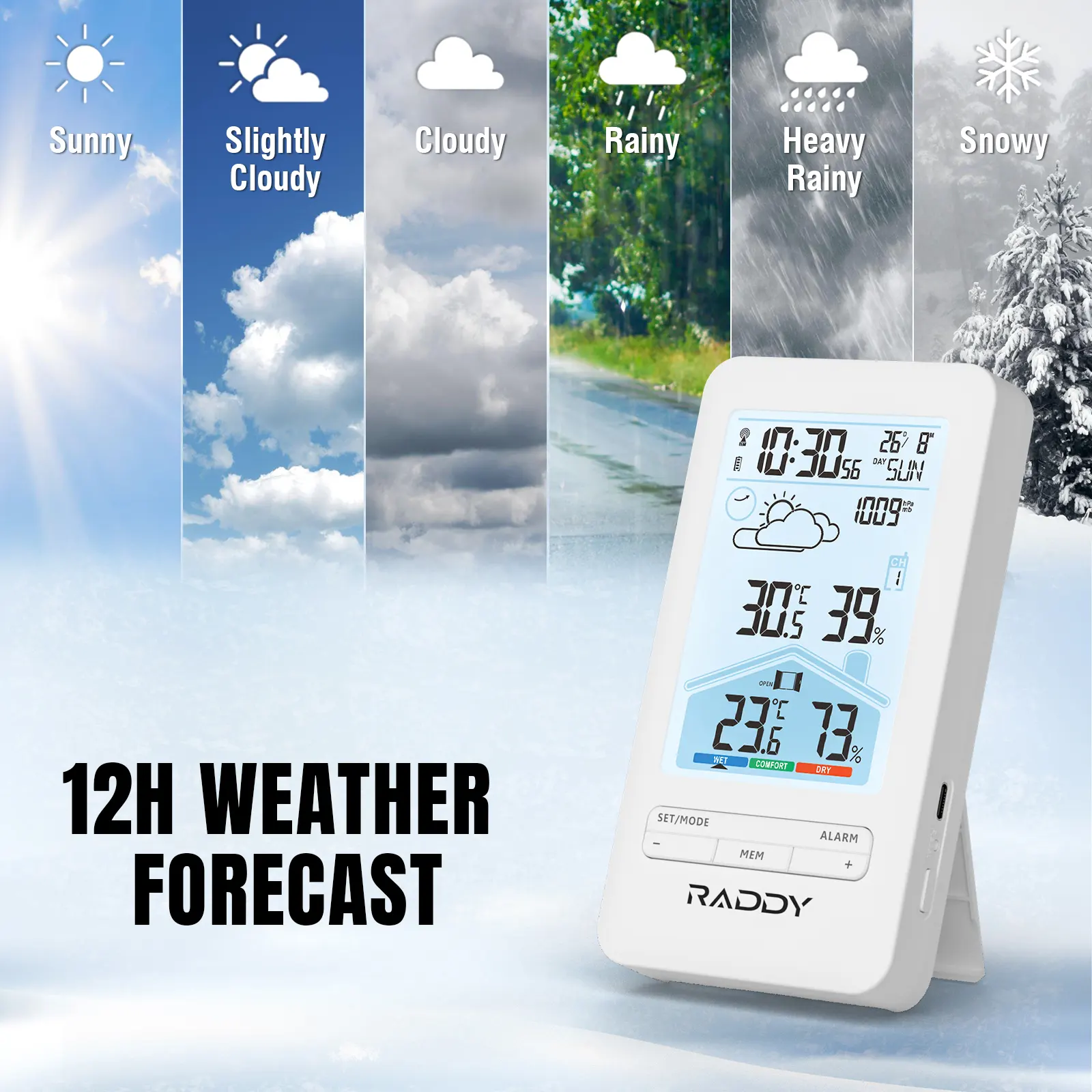 Raddy V4 Wireless Weather Station | Temperature & Humidity | Atomic Clock | Weather Forecast | Dual Alarm | USB-C Rechargeable | 5-Level Backlight - Image 5