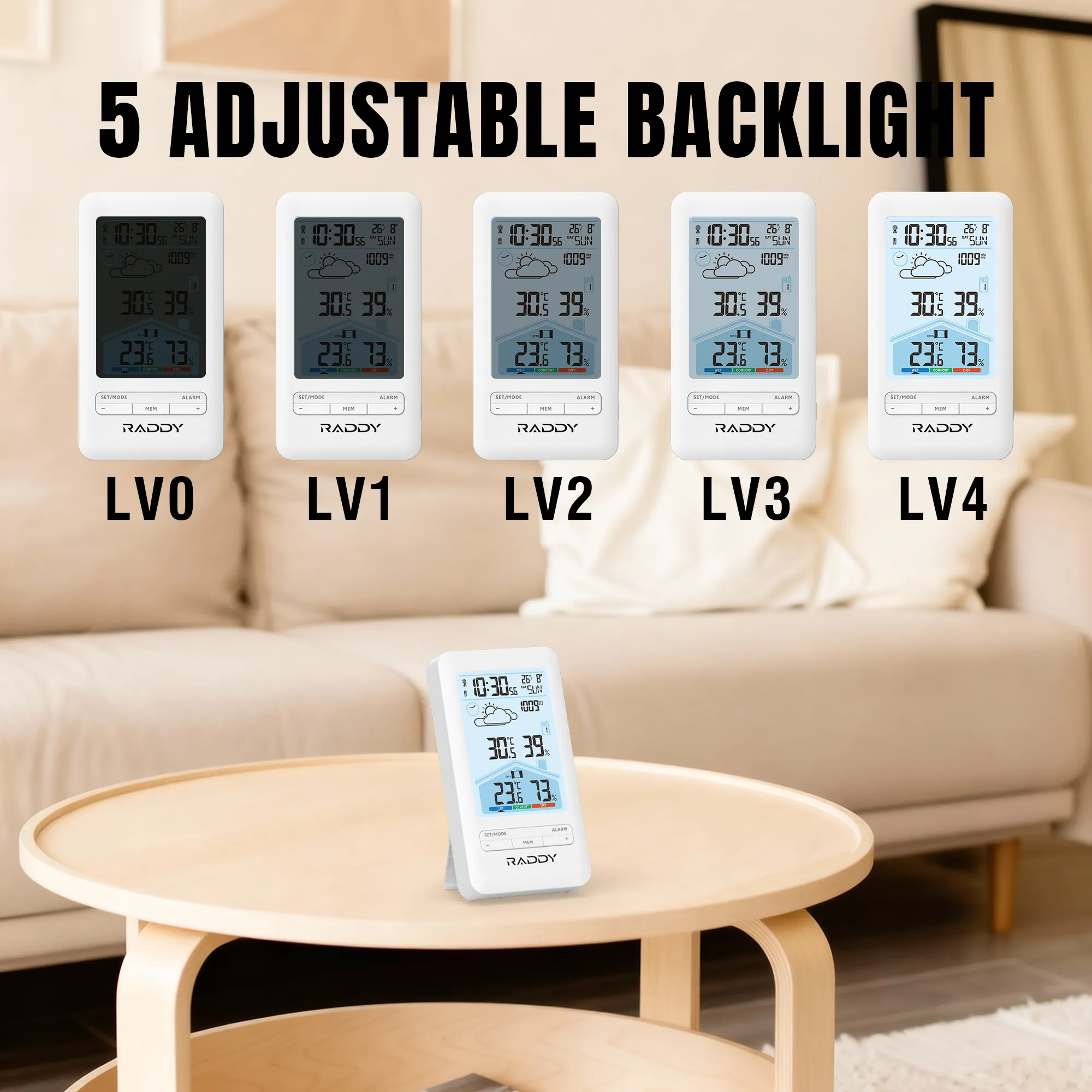 Raddy V4 Wireless Weather Station | Temperature & Humidity | Atomic Clock | Weather Forecast | Dual Alarm | USB-C Rechargeable | 5-Level Backlight - Image 9