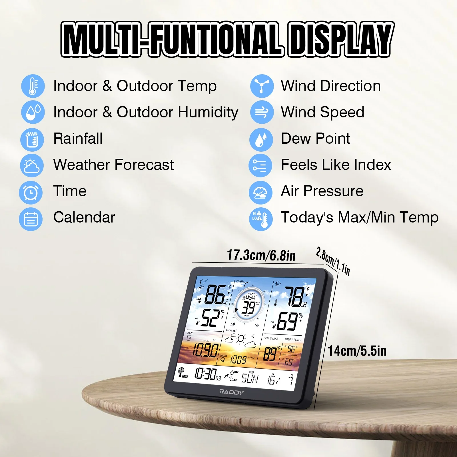 Raddy VP7/AG7 Weather Station | Wireless Thermometer | Color Screen | Atomic Weather Clock | Temperature Humidity Monitor - Image 12