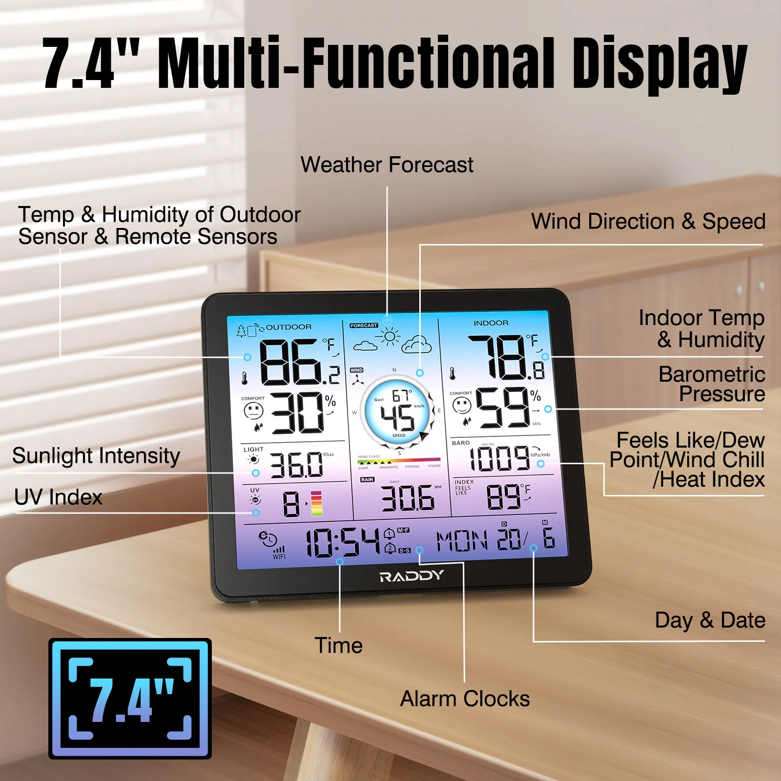 Raddy VP7 Wi-Fi Weather Station | 15-in-1  Display | 7.4'' Digital Color Display | WI-FI Indoor Outdoor  | Weather Forecast - Image 4