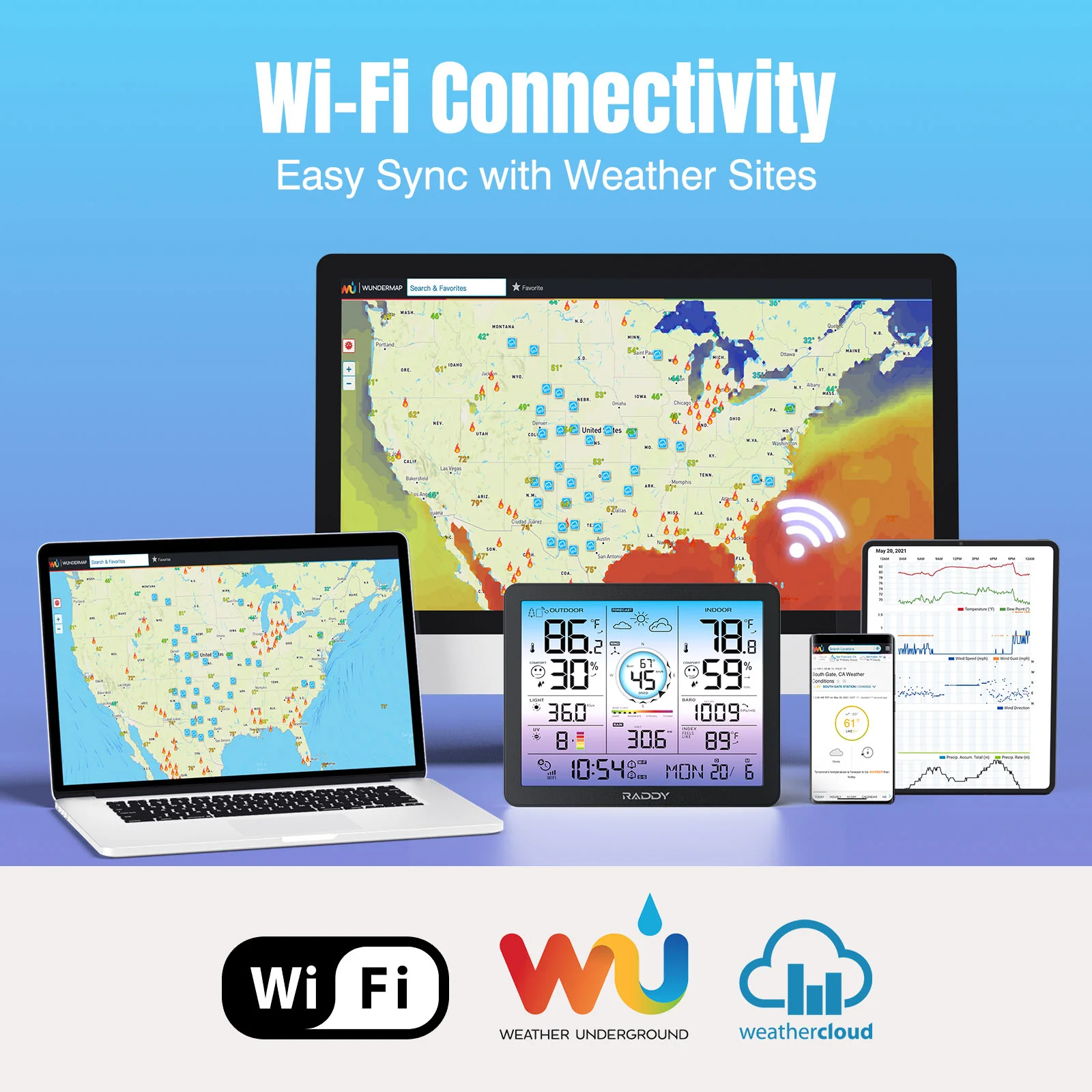 Raddy VP7 Wi-Fi Weather Station | 15-in-1  Display | 7.4'' Digital Color Display | WI-FI Indoor Outdoor  | Weather Forecast - Image 5