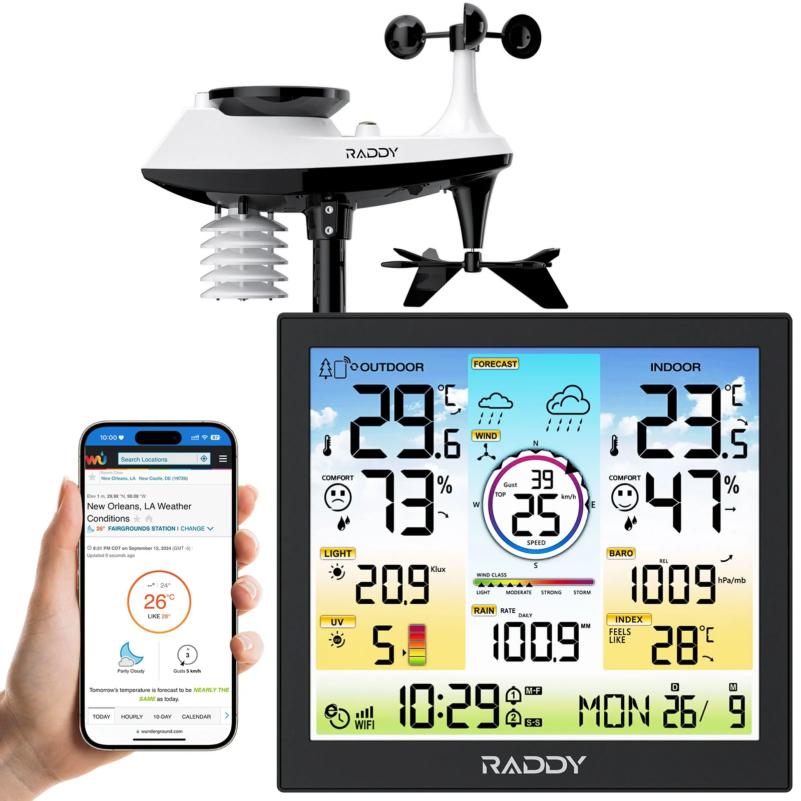 Raddy WF-120C Professional Weather Station | Wi-Fi | 10" Digital Color Display | Rain Gauge | Weather Forecast | UV & Light Index