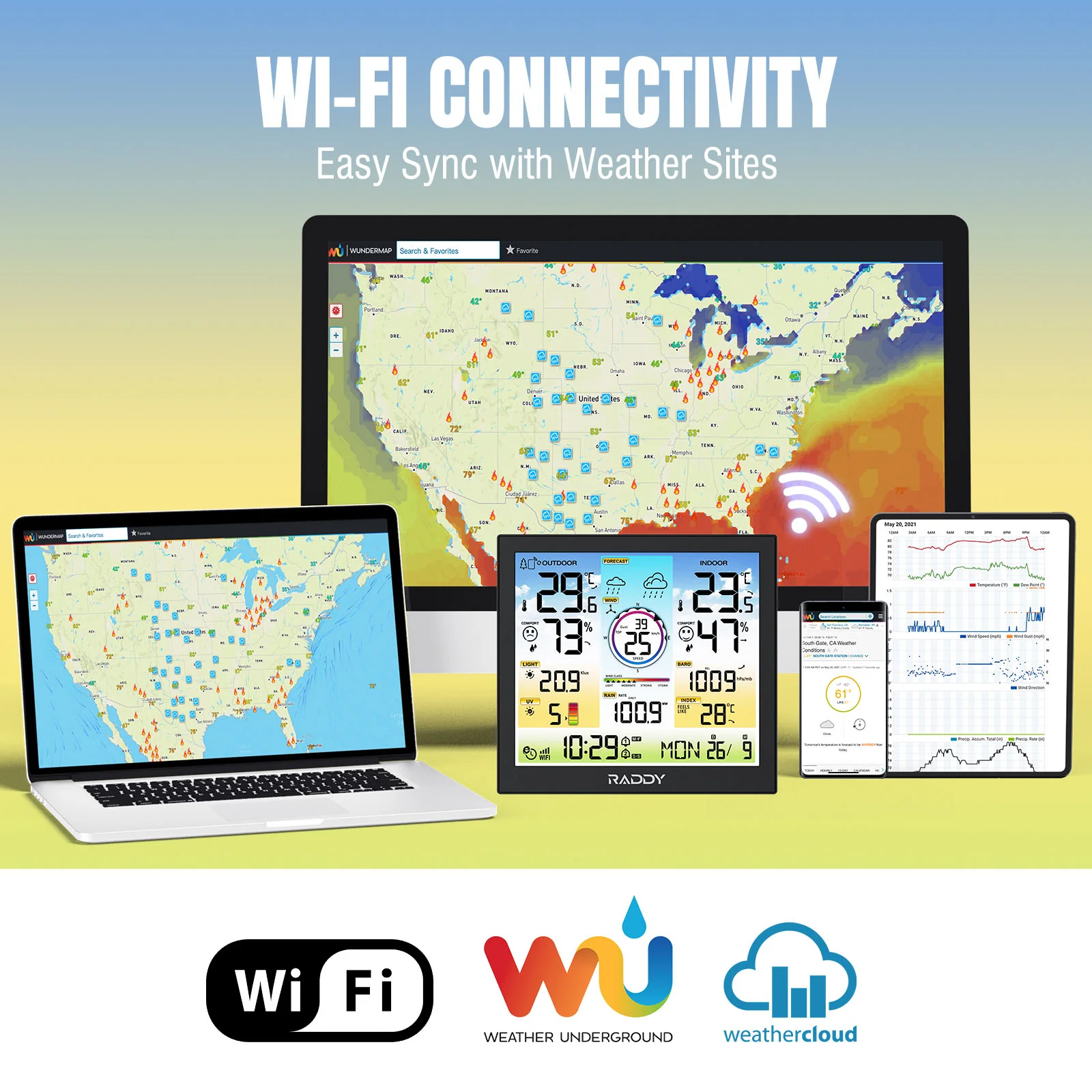 Raddy WF-120C Professional Weather Station | Wi-Fi | 10" Digital Color Display | Rain Gauge | Weather Forecast | UV & Light Index - Image 2