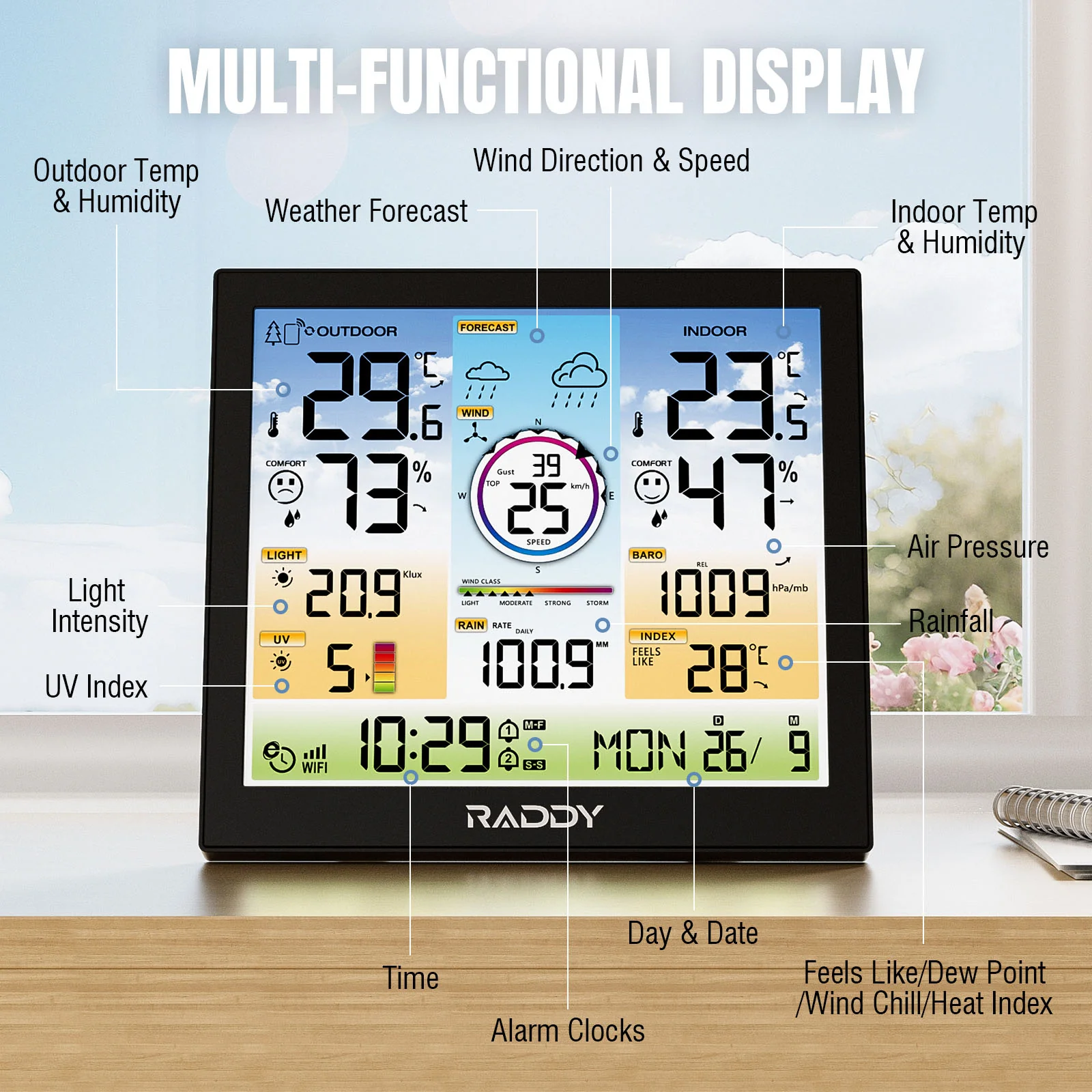 Raddy WF-120C Professional Weather Station | Wi-Fi | 10" Digital Color Display | Rain Gauge | Weather Forecast | UV & Light Index - Image 3