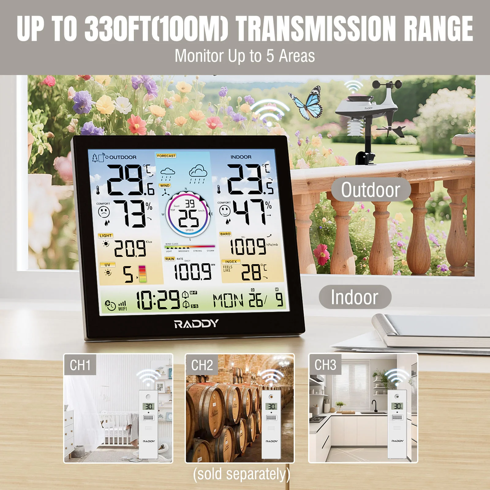 Raddy WF-120C Professional Weather Station | Wi-Fi | 10" Digital Color Display | Rain Gauge | Weather Forecast | UV & Light Index - Image 4