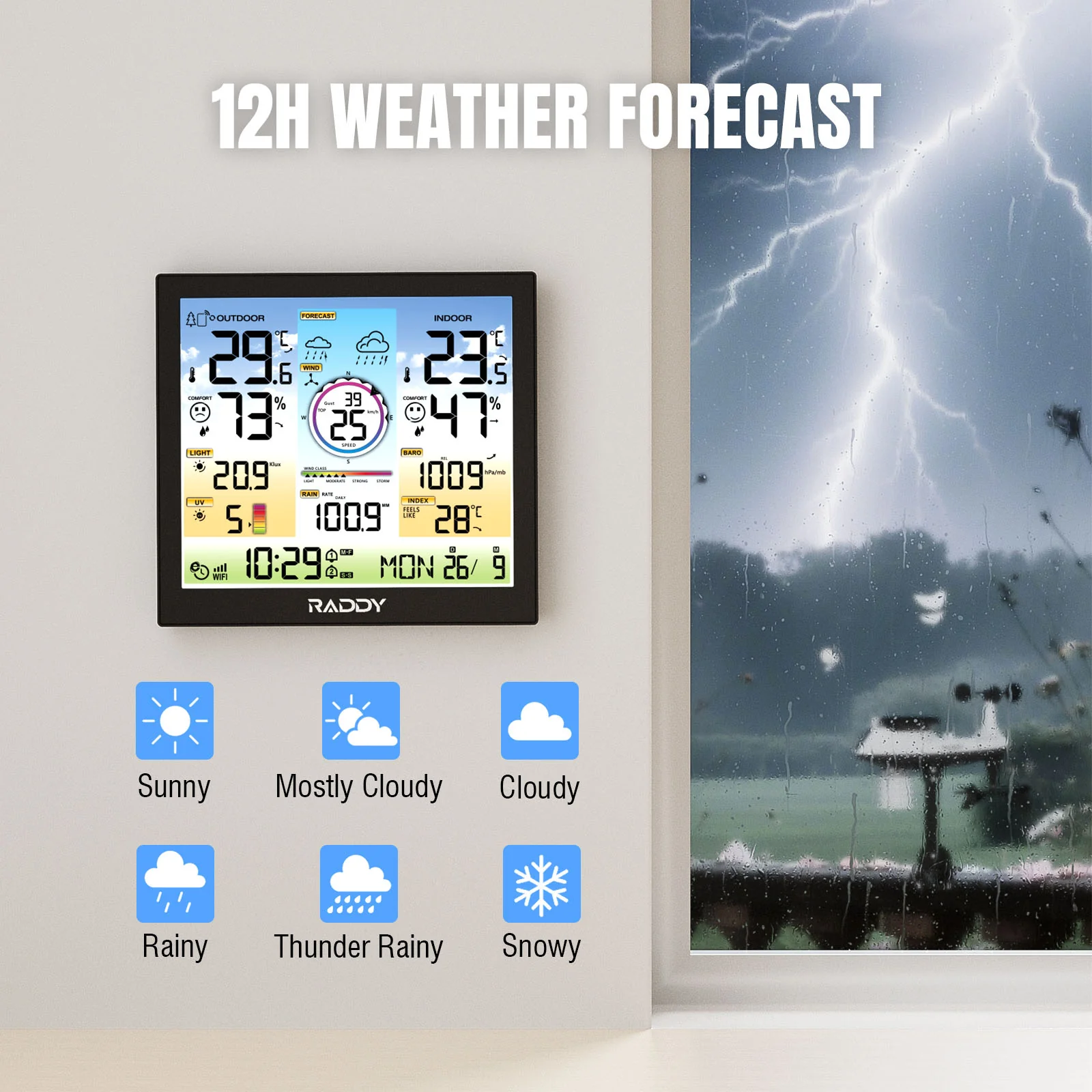 Raddy WF-120C Professional Weather Station | Wi-Fi | 10" Digital Color Display | Rain Gauge | Weather Forecast | UV & Light Index - Image 6