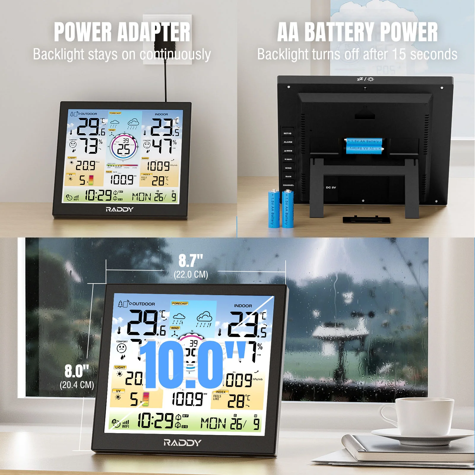Raddy WF-120C Professional Weather Station | Wi-Fi | 10" Digital Color Display | Rain Gauge | Weather Forecast | UV & Light Index - Image 7