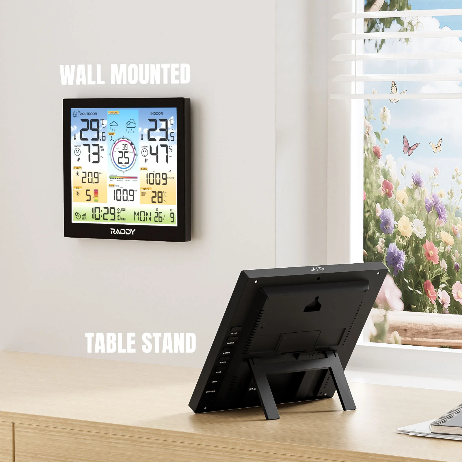 Raddy WF-120C Professional Weather Station | Wi-Fi | 10" Digital Color Display | Rain Gauge | Weather Forecast | UV & Light Index - Image 9