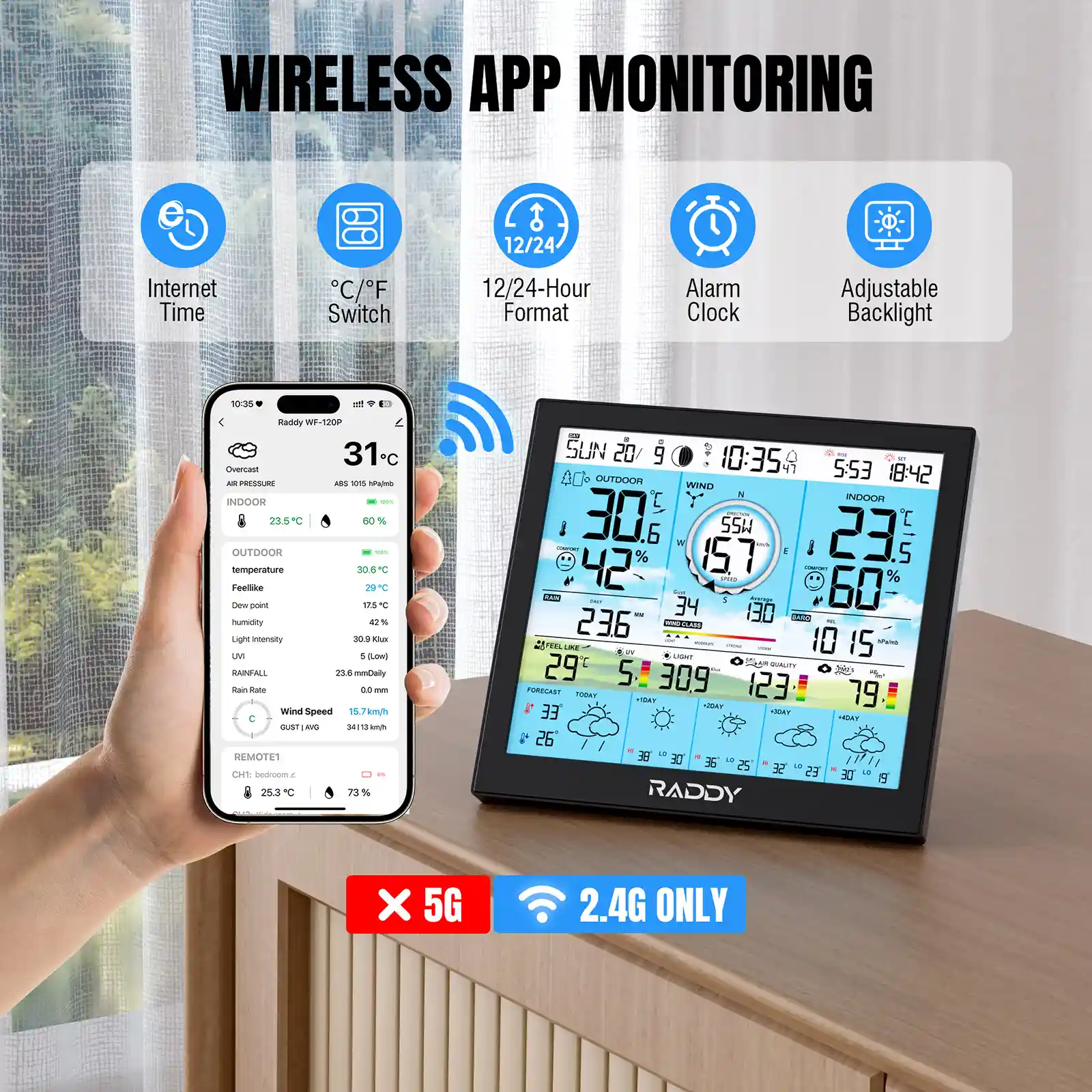 Raddy WF-120P Professional Wi-Fi Weather Station | App Control | 10″ HTN Color Display |  Indoor/Outdoor Temp & Humidity | UV & Light Index | PM2.5 AQI | 5-Day Forecast | 7-in-1 Outdoor Sensor for Farm - Image 2