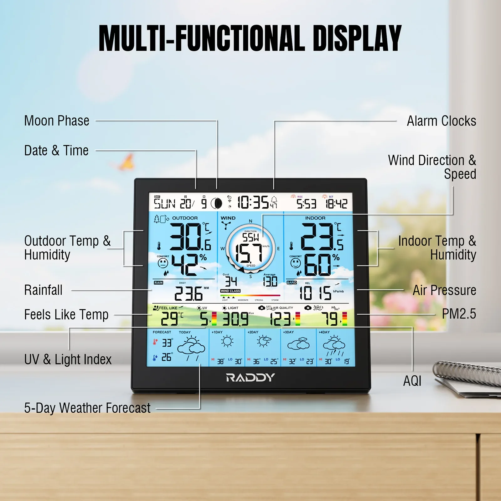 Raddy WF-120P Professional Wi-Fi Weather Station | App Control | 10″ HTN Color Display |  Indoor/Outdoor Temp & Humidity | UV & Light Index | PM2.5 AQI | 5-Day Forecast | 7-in-1 Outdoor Sensor for Farm - Image 4