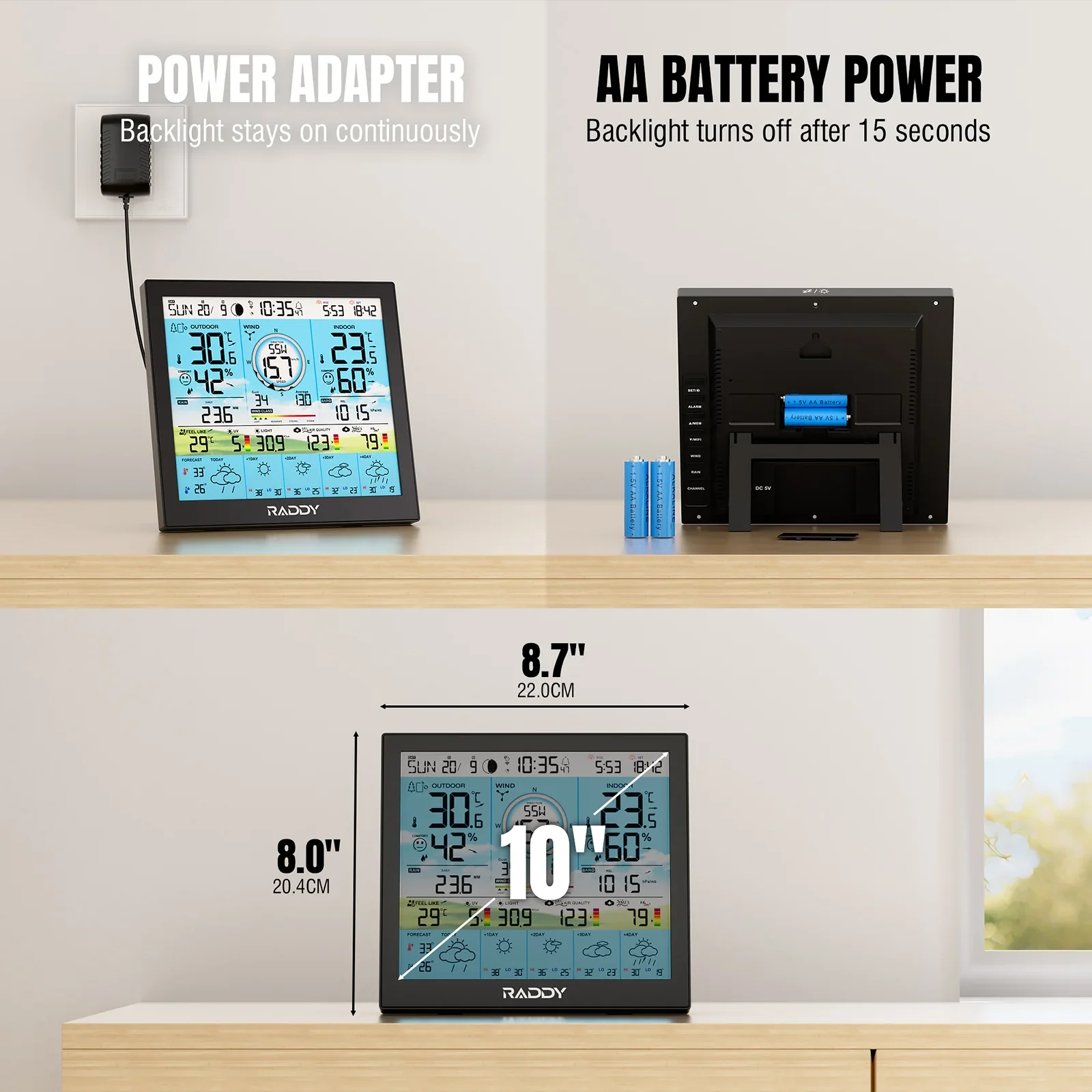 Raddy WF-120P Professional Wi-Fi Weather Station | App Control | 10″ HTN Color Display |  Indoor/Outdoor Temp & Humidity | UV & Light Index | PM2.5 AQI | 5-Day Forecast | 7-in-1 Outdoor Sensor for Farm - Image 8