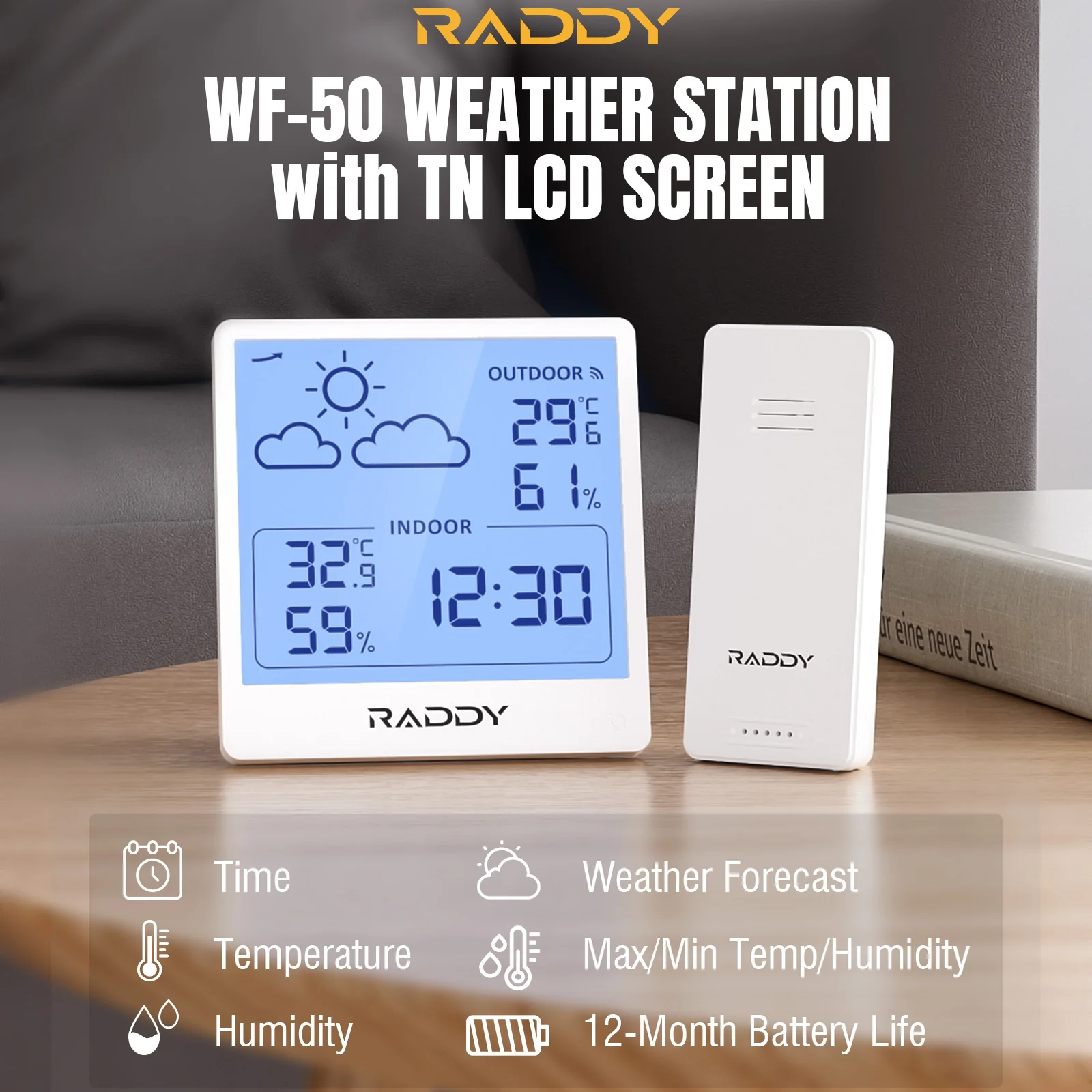 Raddy WF-50 Weather Station | 5.0’’ VA/TN Display | Weather Forecast | Temperature & Humidity Monitor | USB-C/Battery Powered - Image 12