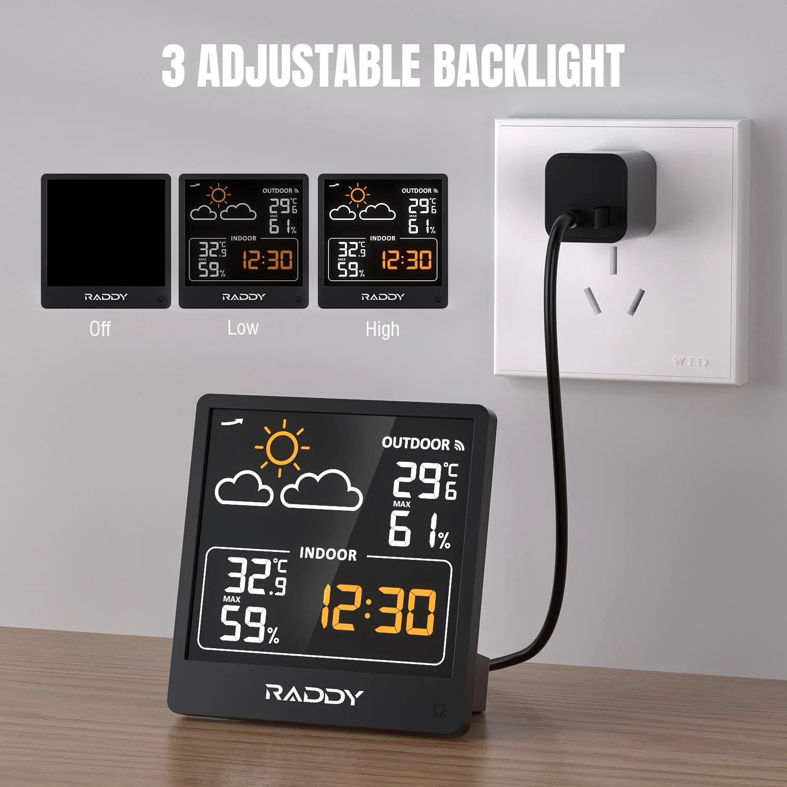 Raddy WF-50 Weather Station | 5.0’’ VA/TN Display | Weather Forecast | Temperature & Humidity Monitor | USB-C/Battery Powered - Image 9