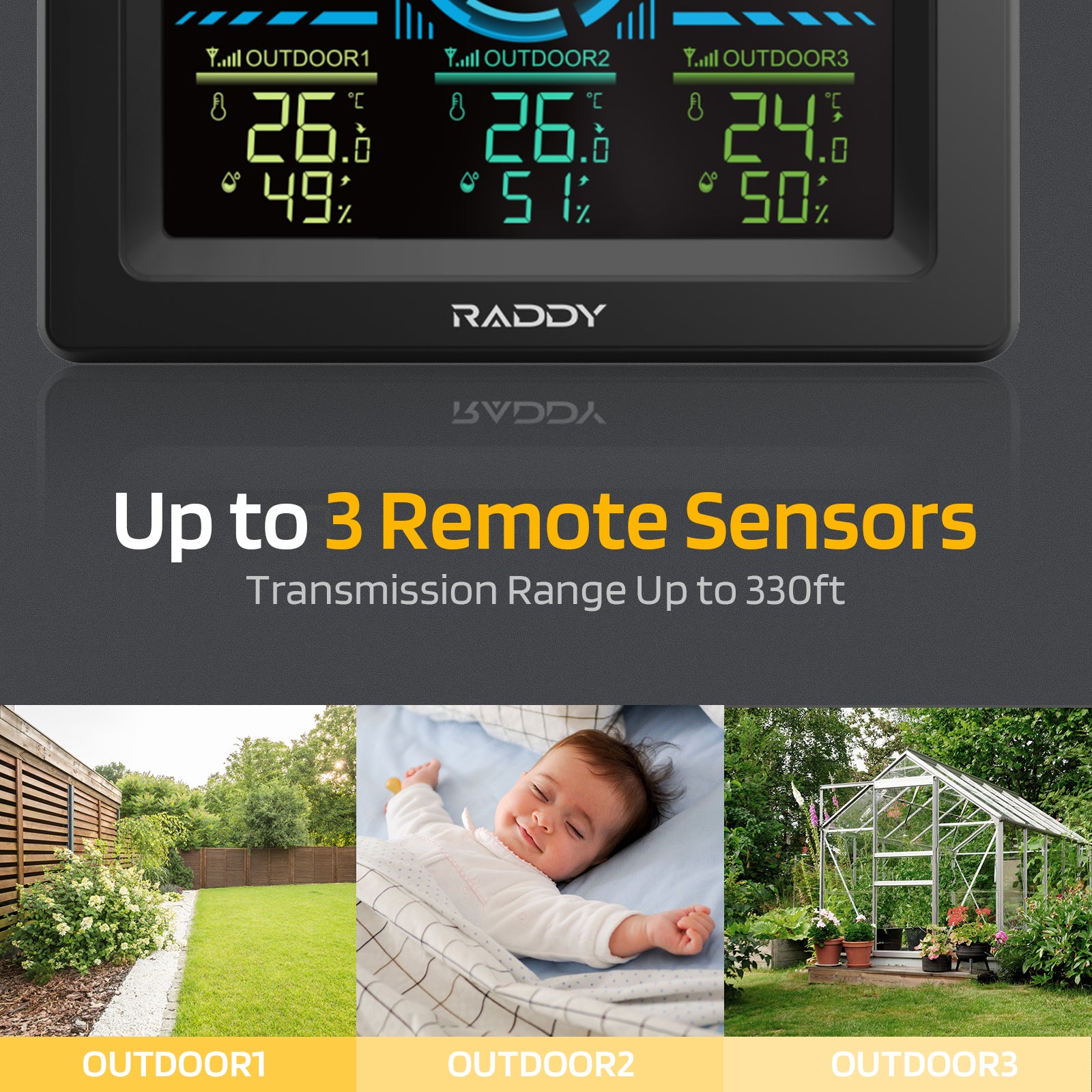 Raddy WF-60C Wetterstation für den Innen- und Außenbereich mit Thermometer | Luftfeuchtigkeitsmesser | Barometer | 3 Remote-Sensoren [DISCONTINUED] - Image 3