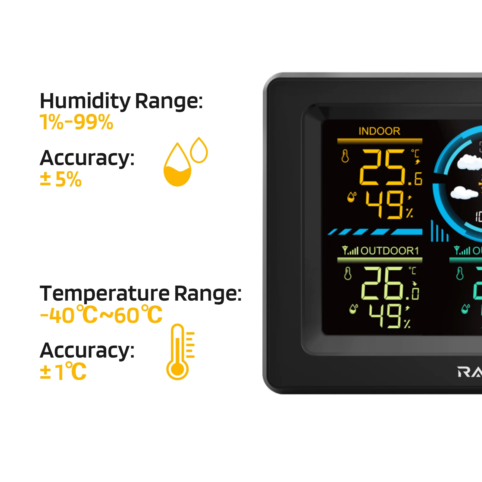 Raddy WF-60C Wetterstation für den Innen- und Außenbereich mit Thermometer | Luftfeuchtigkeitsmesser | Barometer | 3 Remote-Sensoren [DISCONTINUED] - Image 7