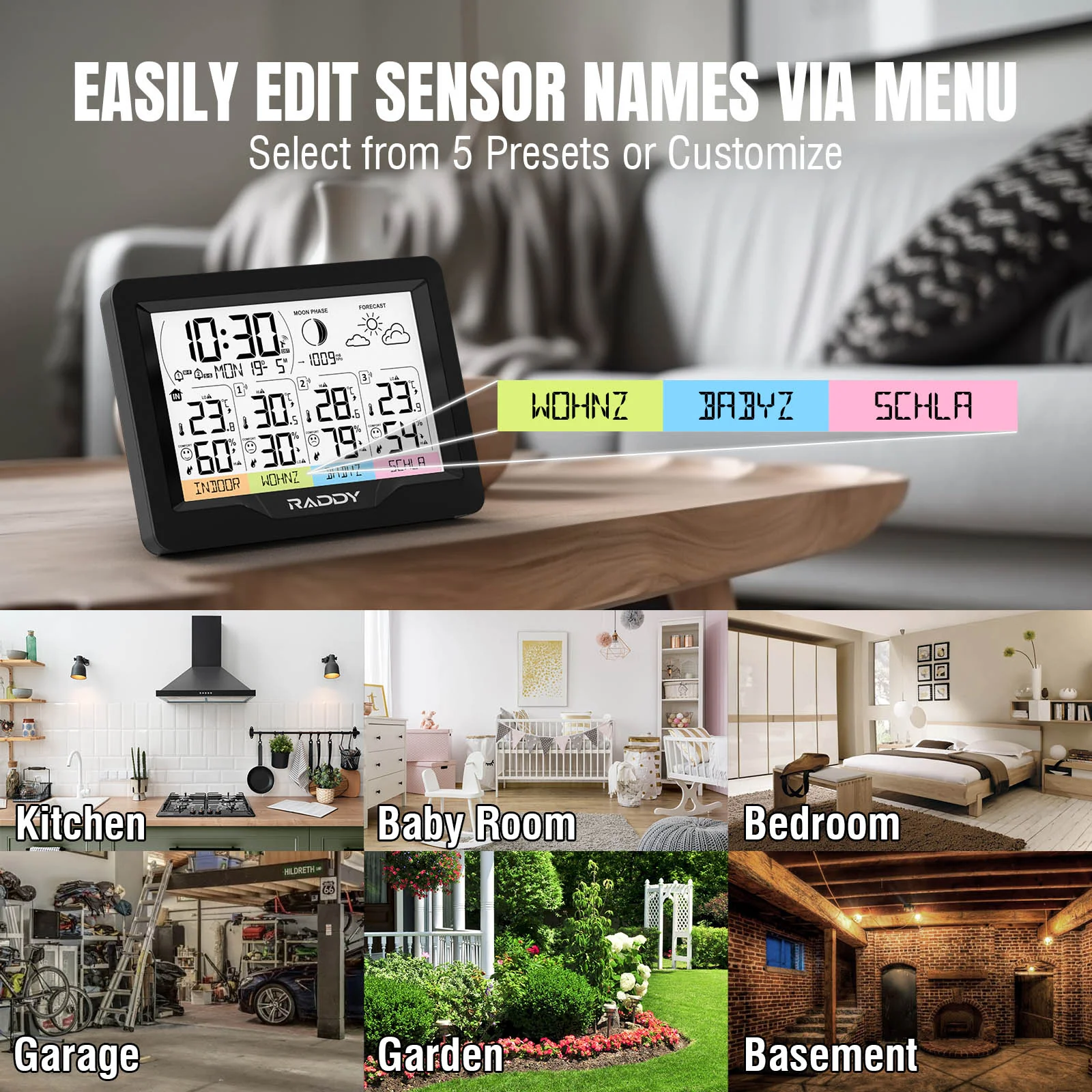 Raddy WF-60M Weather Station | Customized Sensor Names | Weather Forecast | 3 Remote Sensors | DCF Atomic Clock | High/Low Alerts - Image 2