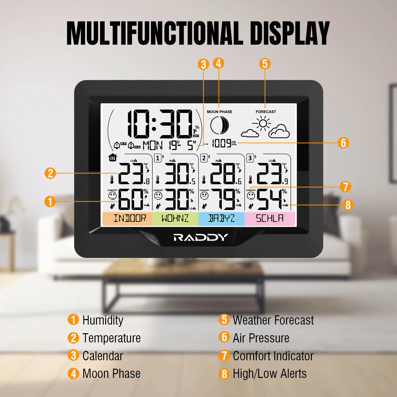 Raddy WF-60M Weather Station | Customized Sensor Names | Weather Forecast | 3 Remote Sensors | DCF Atomic Clock | High/Low Alerts - Image 3