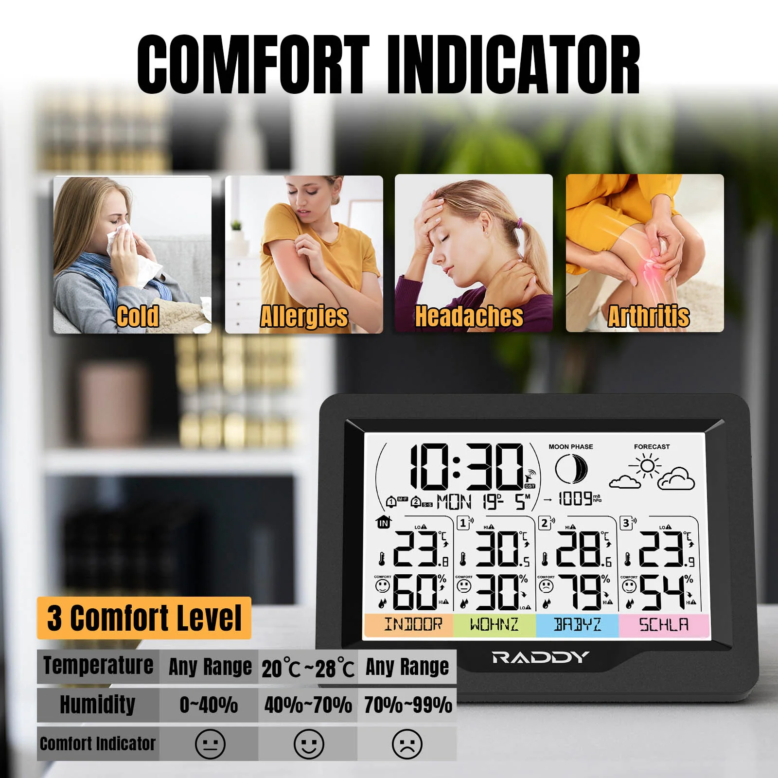 Raddy WF-60M Weather Station | Customized Sensor Names | Weather Forecast | 3 Remote Sensors | DCF Atomic Clock | High/Low Alerts - Image 5