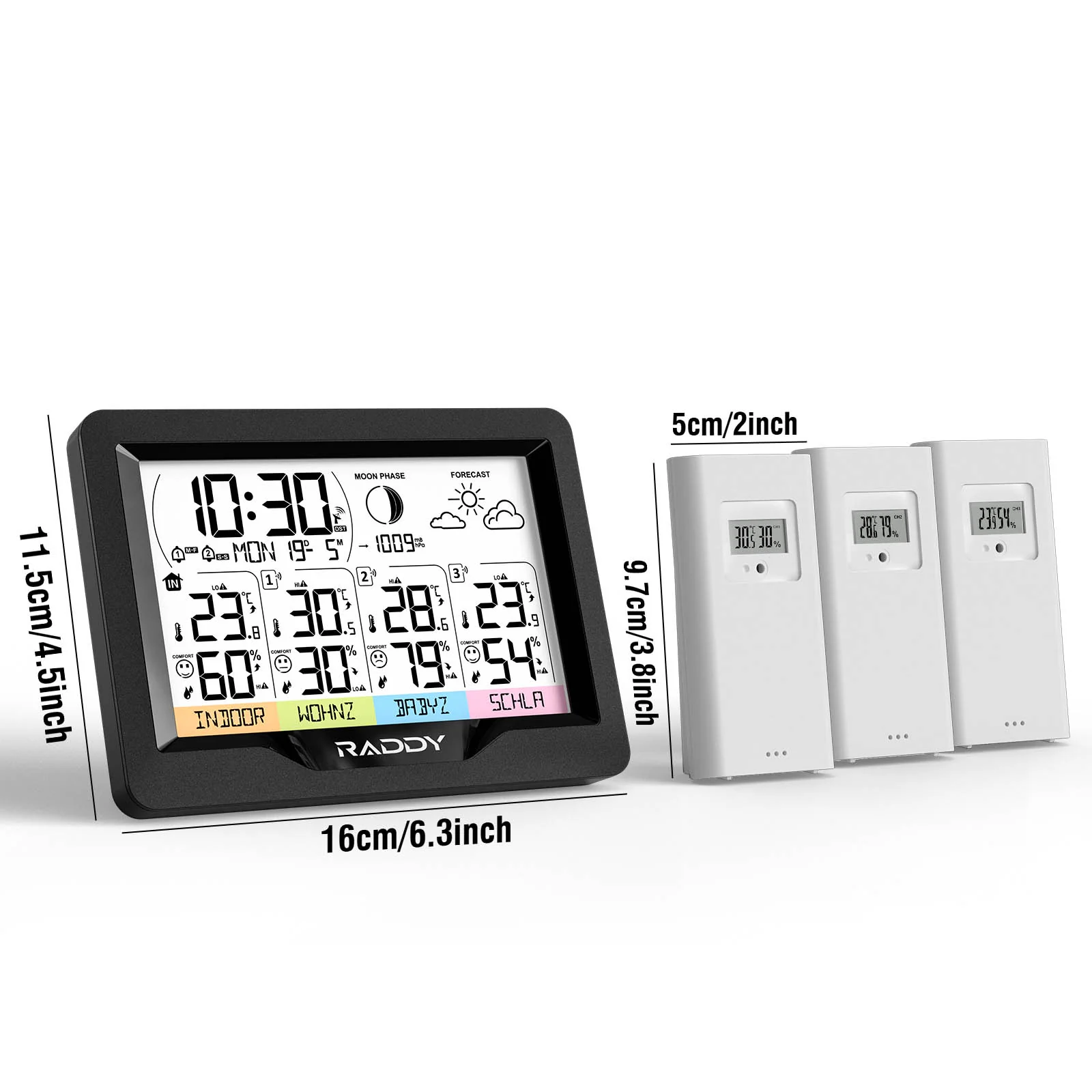 Raddy WF-60M Weather Station | Customized Sensor Names | Weather Forecast | 3 Remote Sensors | DCF Atomic Clock | High/Low Alerts - Image 6