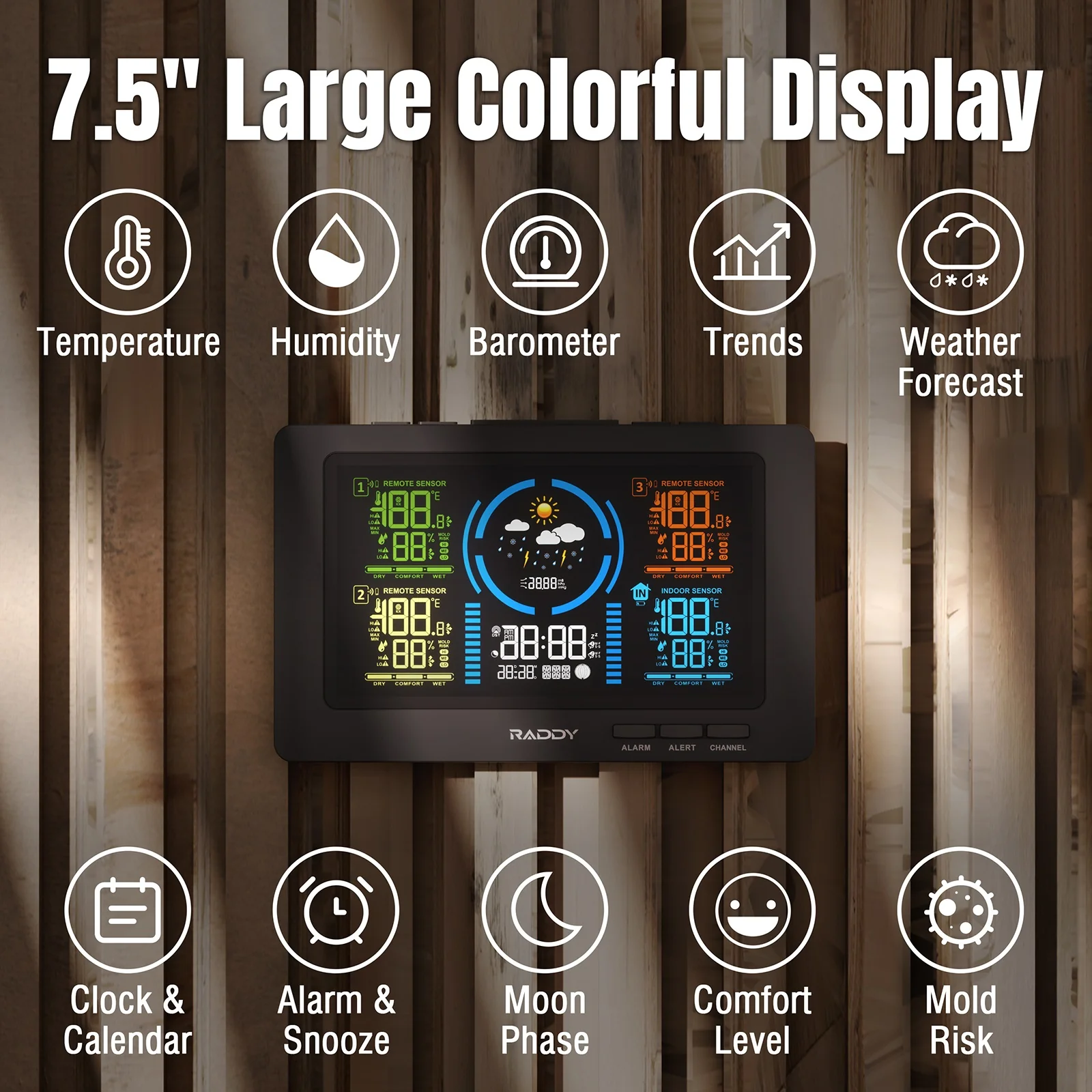 Raddy WF-80C Weather Station | 7.5'' Large Color Display | Adjustable Backlight | Atomic Clock | 3 Outdoor Sensors - Image 2