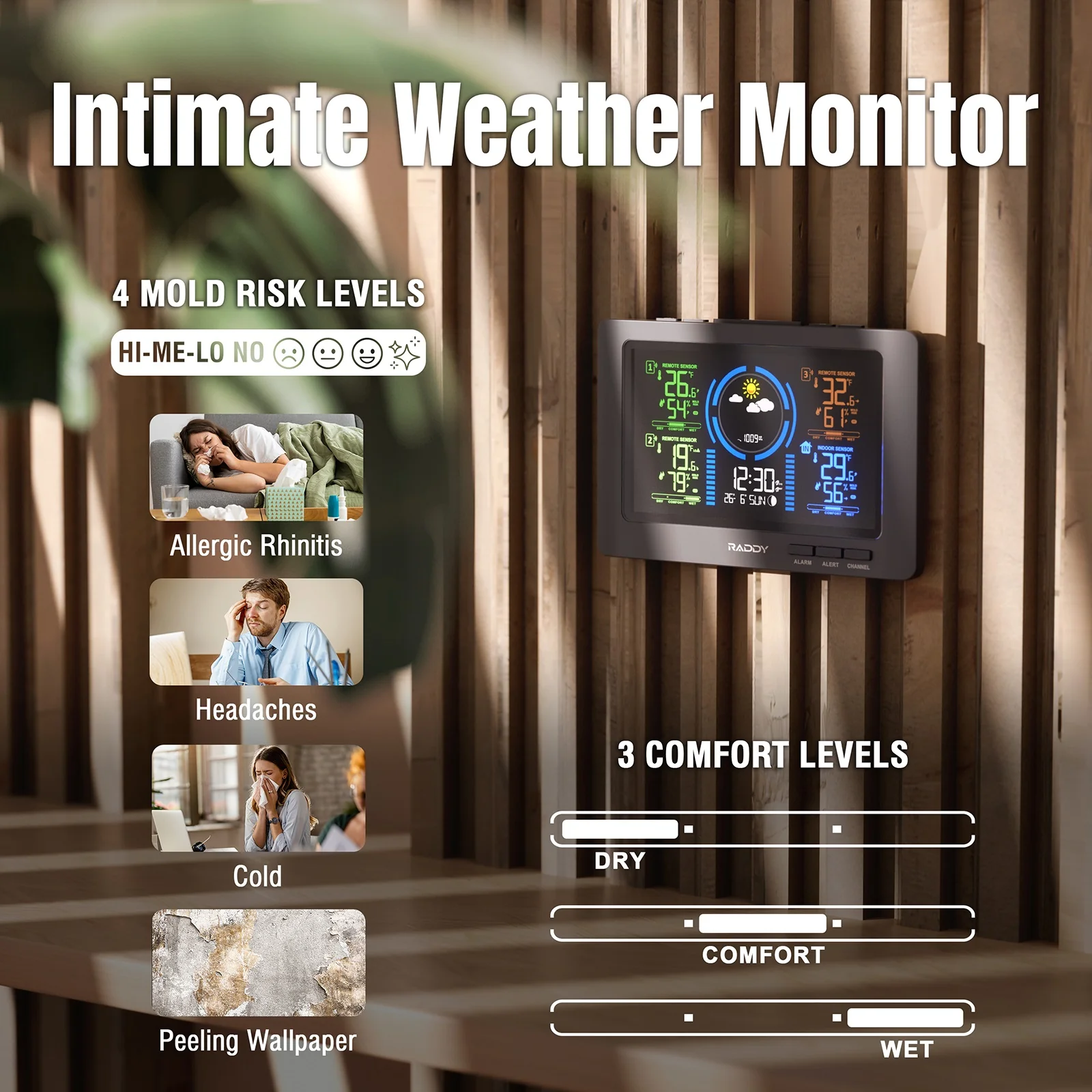 Raddy WF-80C Weather Station | 7.5'' Large Color Display | Adjustable Backlight | Atomic Clock | 3 Outdoor Sensors - Image 3